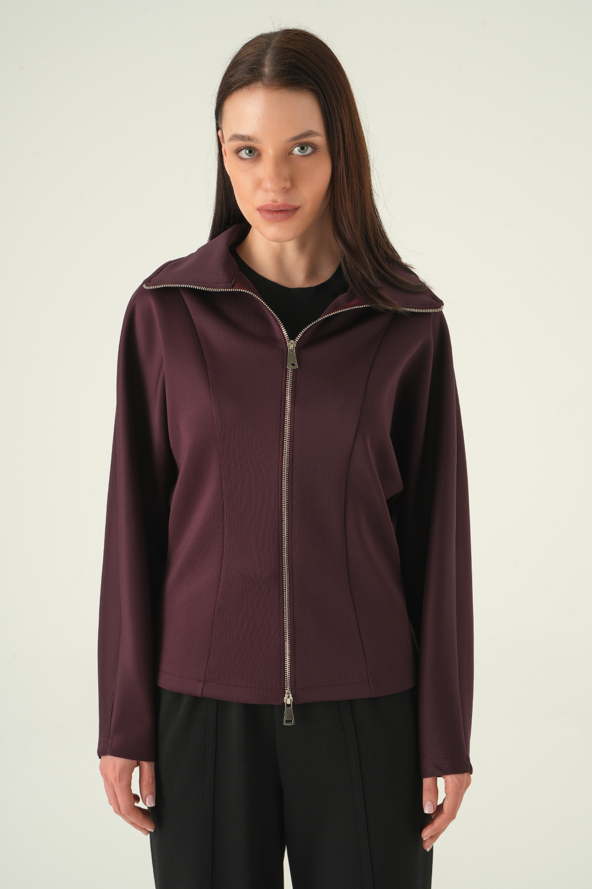  Gömlek Yaka Fermuarlı Hırka Mürdüm 8366A - RAYS