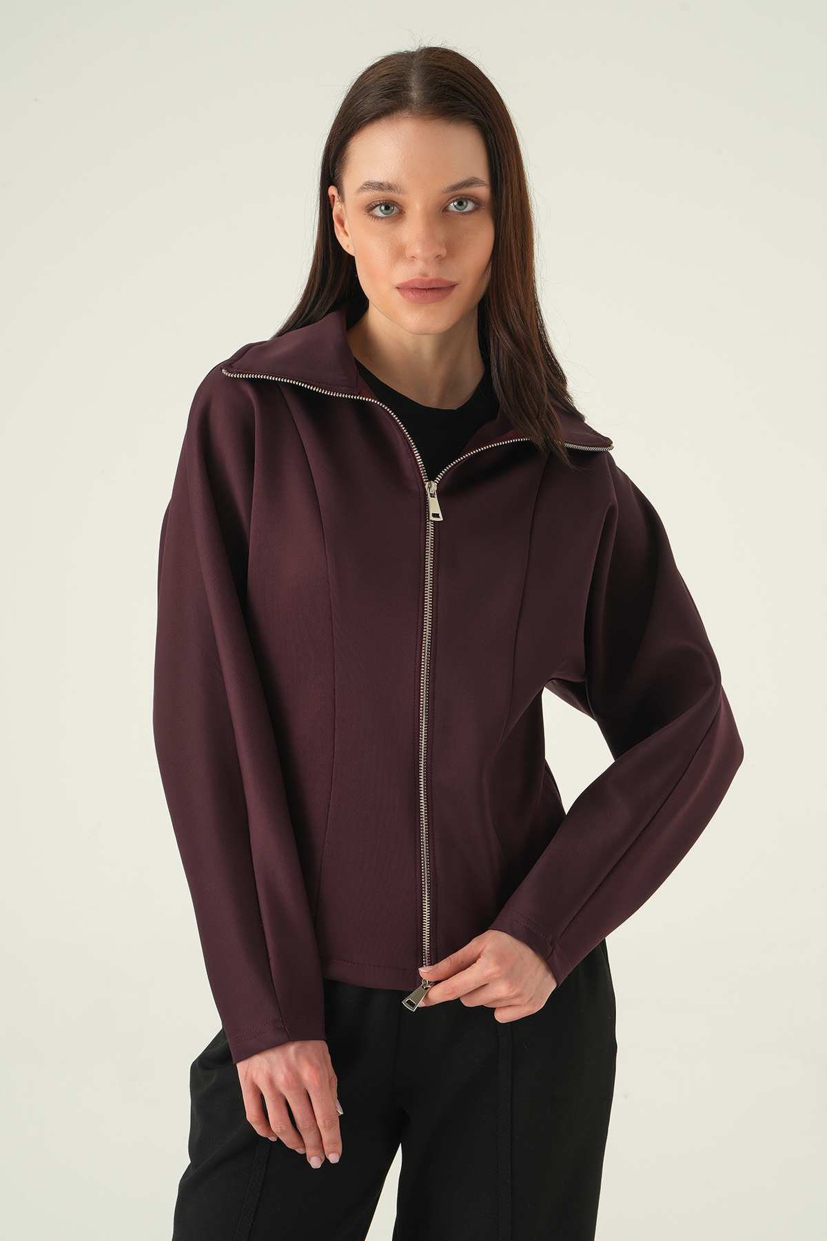 Gömlek Yaka Fermuarlı Hırka Mürdüm 8366A - 6