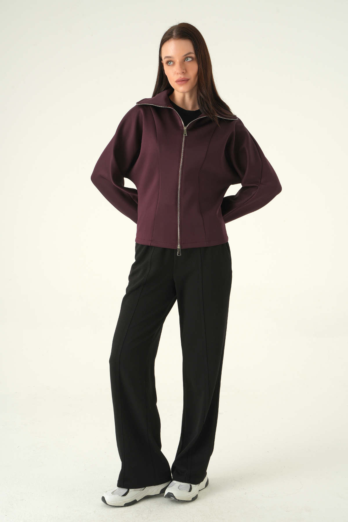 Gömlek Yaka Fermuarlı Hırka Mürdüm 8366A - 3