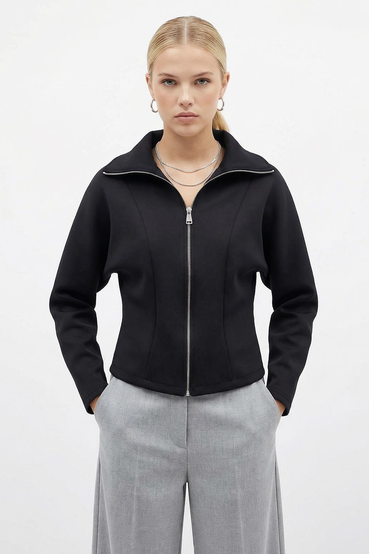  Gömlek Yaka Fermuarlı Hırka Siyah 8366A - RAYS