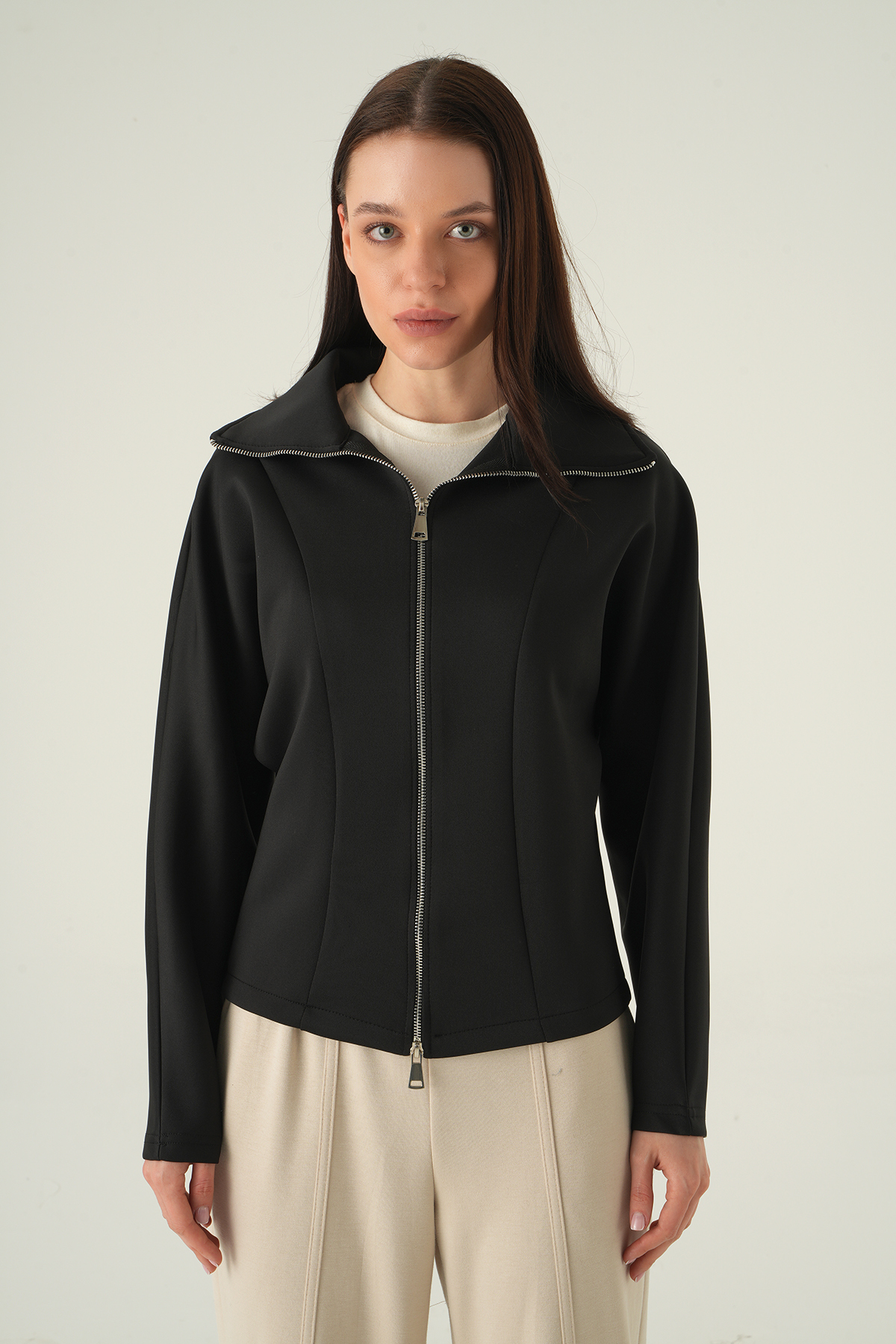  Gömlek Yaka Fermuarlı Hırka Siyah 8366A - RAYS