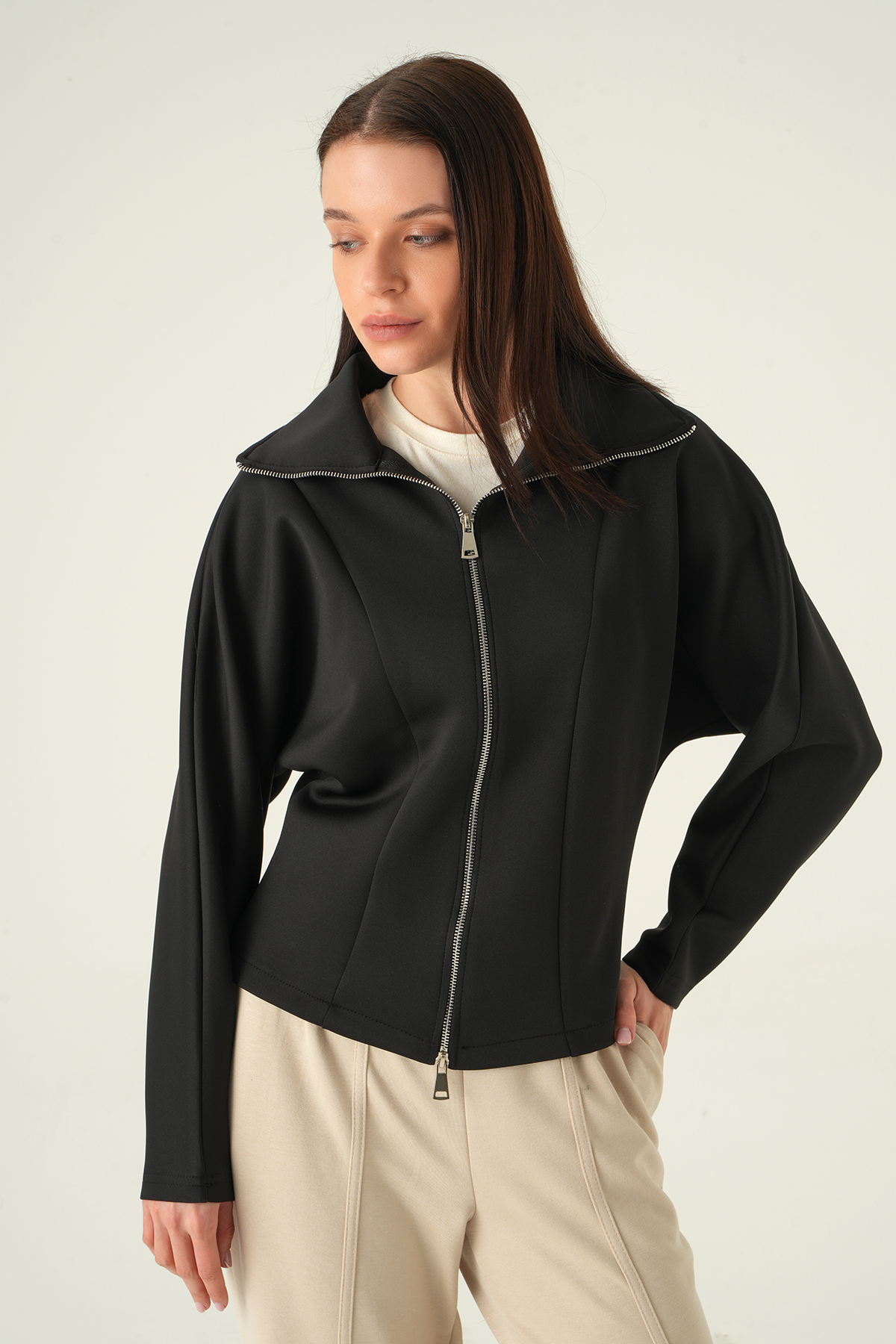 Gömlek Yaka Fermuarlı Hırka Siyah 8366A 