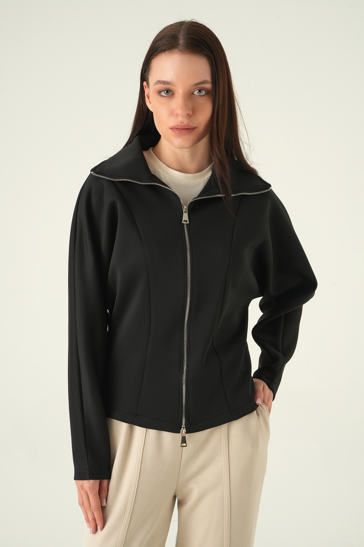 Gömlek Yaka Fermuarlı Hırka Siyah 8366A - 6