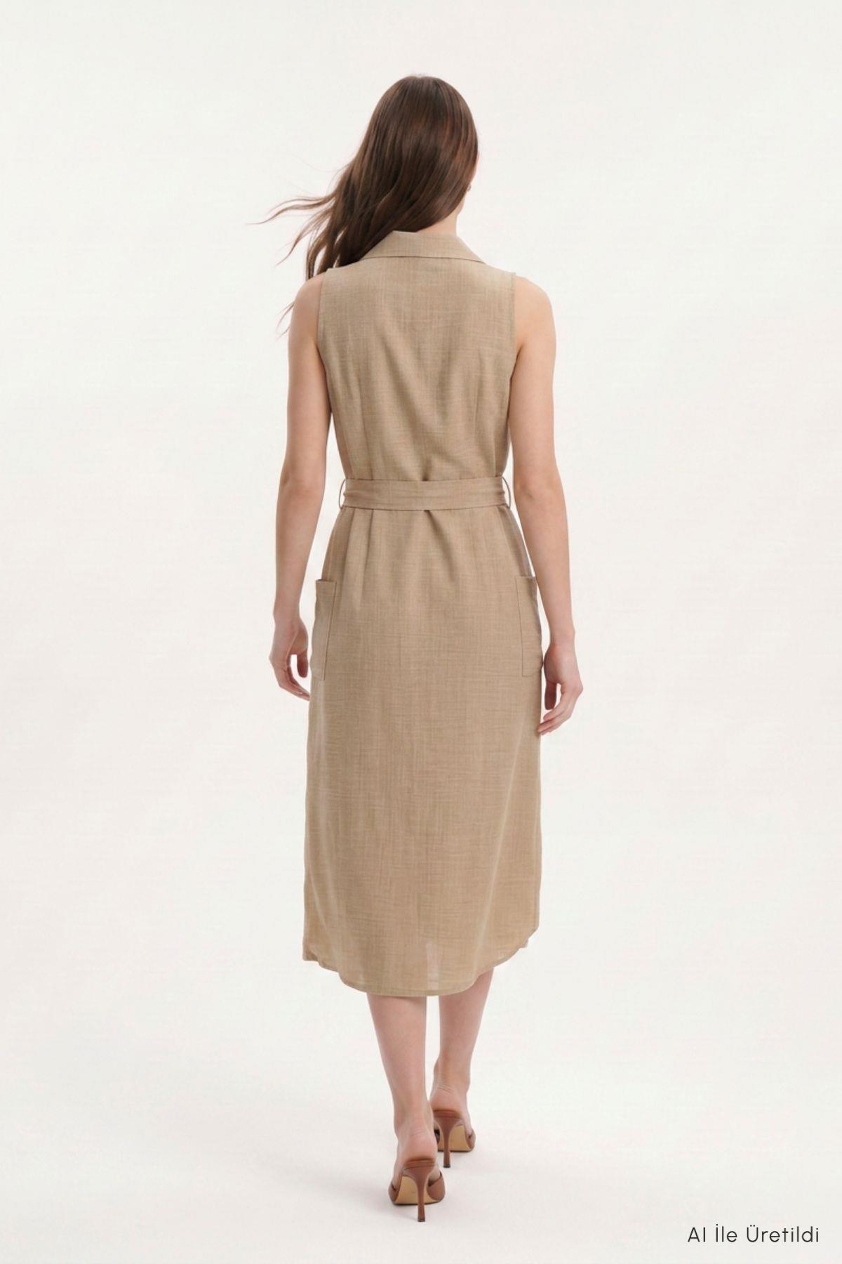 Gömlek Yaka Sıfır Kol Elbise 8668A Saks - RAYS