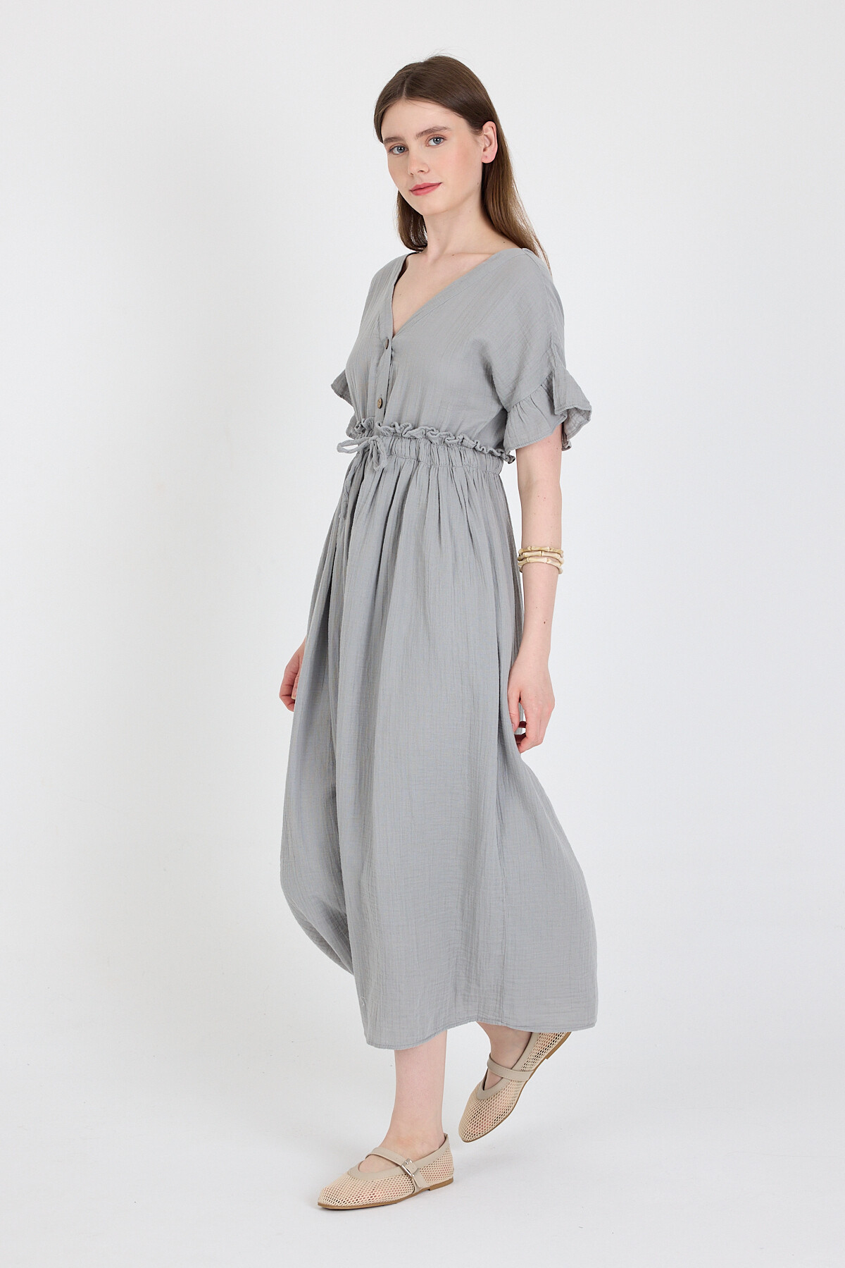 Gri %100 Pamuk Fırfır Kol Detaylı Düğmeli Elbise 4781A - RAYS