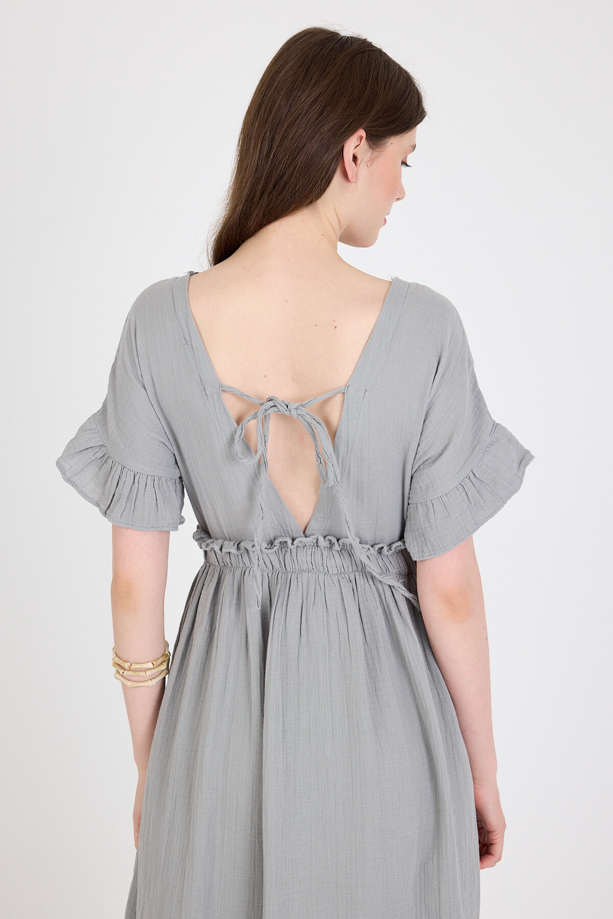 Gri %100 Pamuk Fırfır Kol Detaylı Düğmeli Elbise 4781A - 6