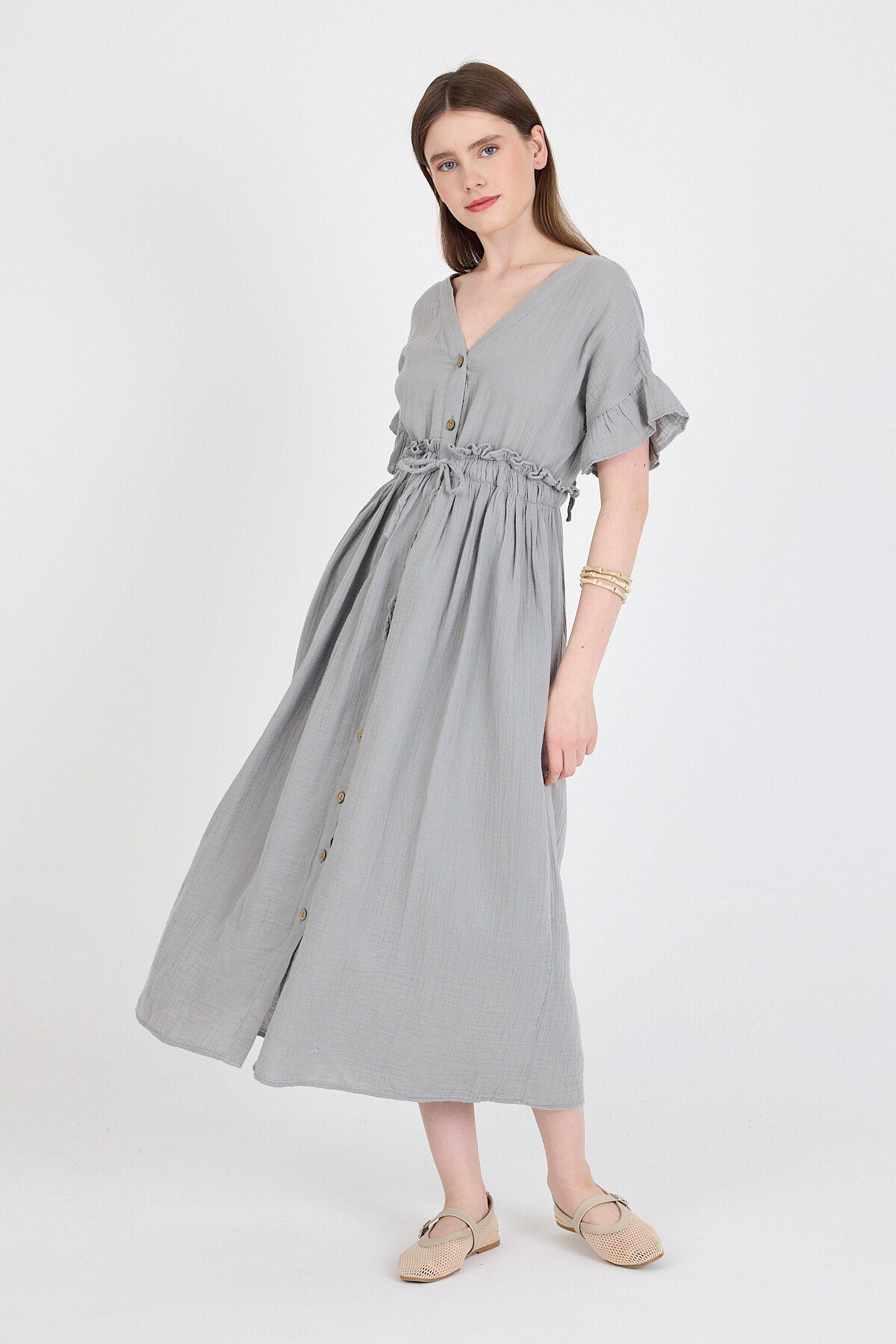 Gri %100 Pamuk Fırfır Kol Detaylı Düğmeli Elbise 4781A 