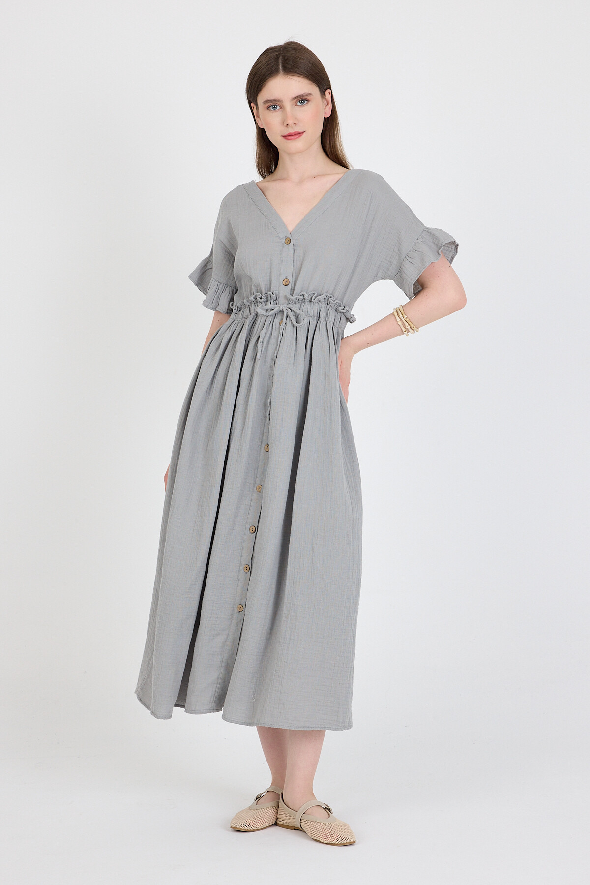 Gri %100 Pamuk Fırfır Kol Detaylı Düğmeli Elbise 4781A - 2
