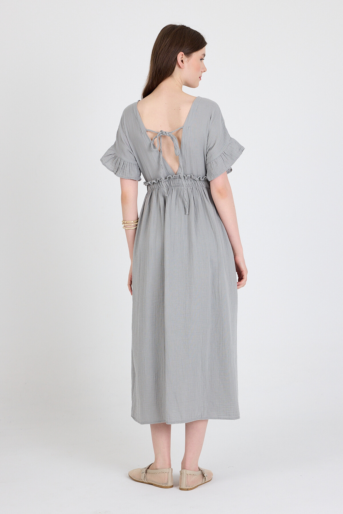 Gri %100 Pamuk Fırfır Kol Detaylı Düğmeli Elbise 4781A - 5