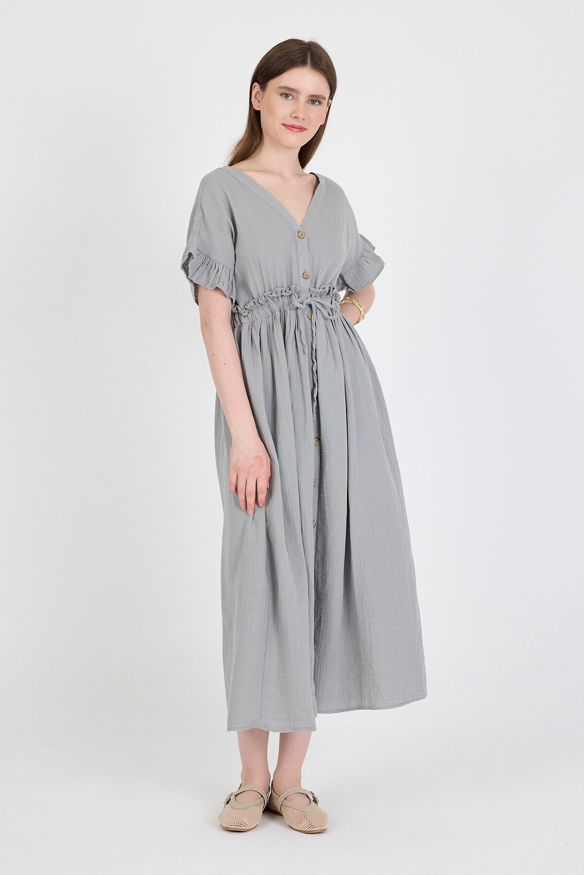 Gri %100 Pamuk Fırfır Kol Detaylı Düğmeli Elbise 4781A - 7