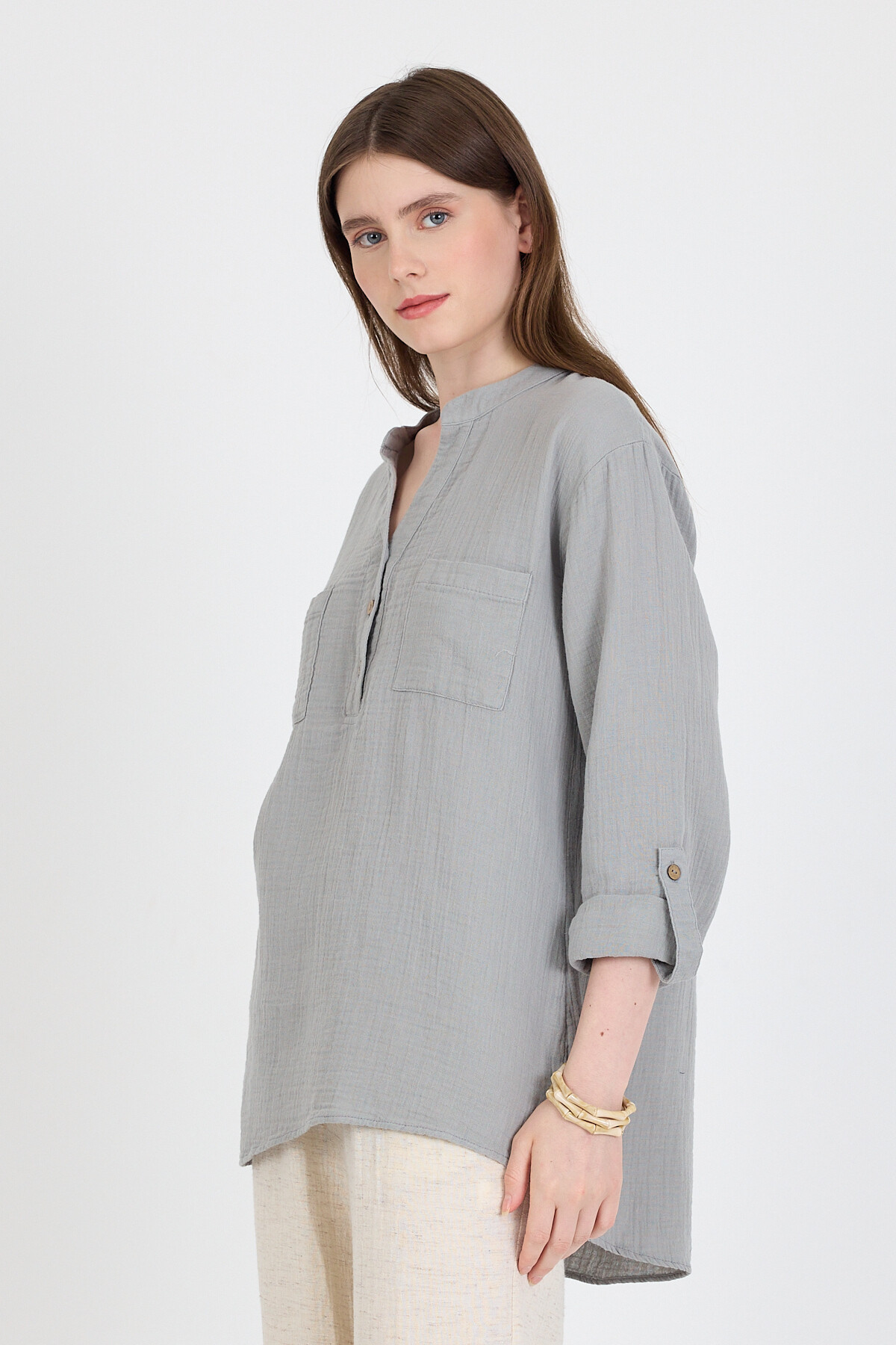 Gri %100 Pamuk Keten Görünümlü Hakim Yaka Tunik Gömlek 4698A - RAYS