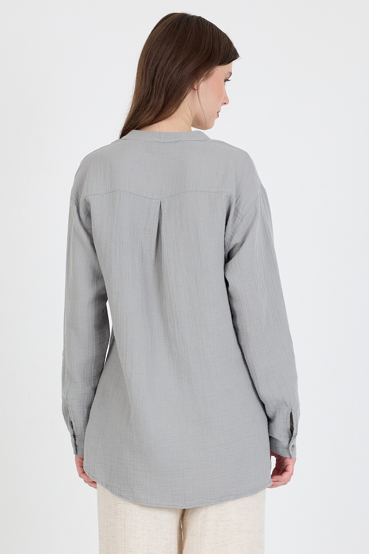 Gri %100 Pamuk Keten Görünümlü Hakim Yaka Tunik Gömlek 4698A - 5