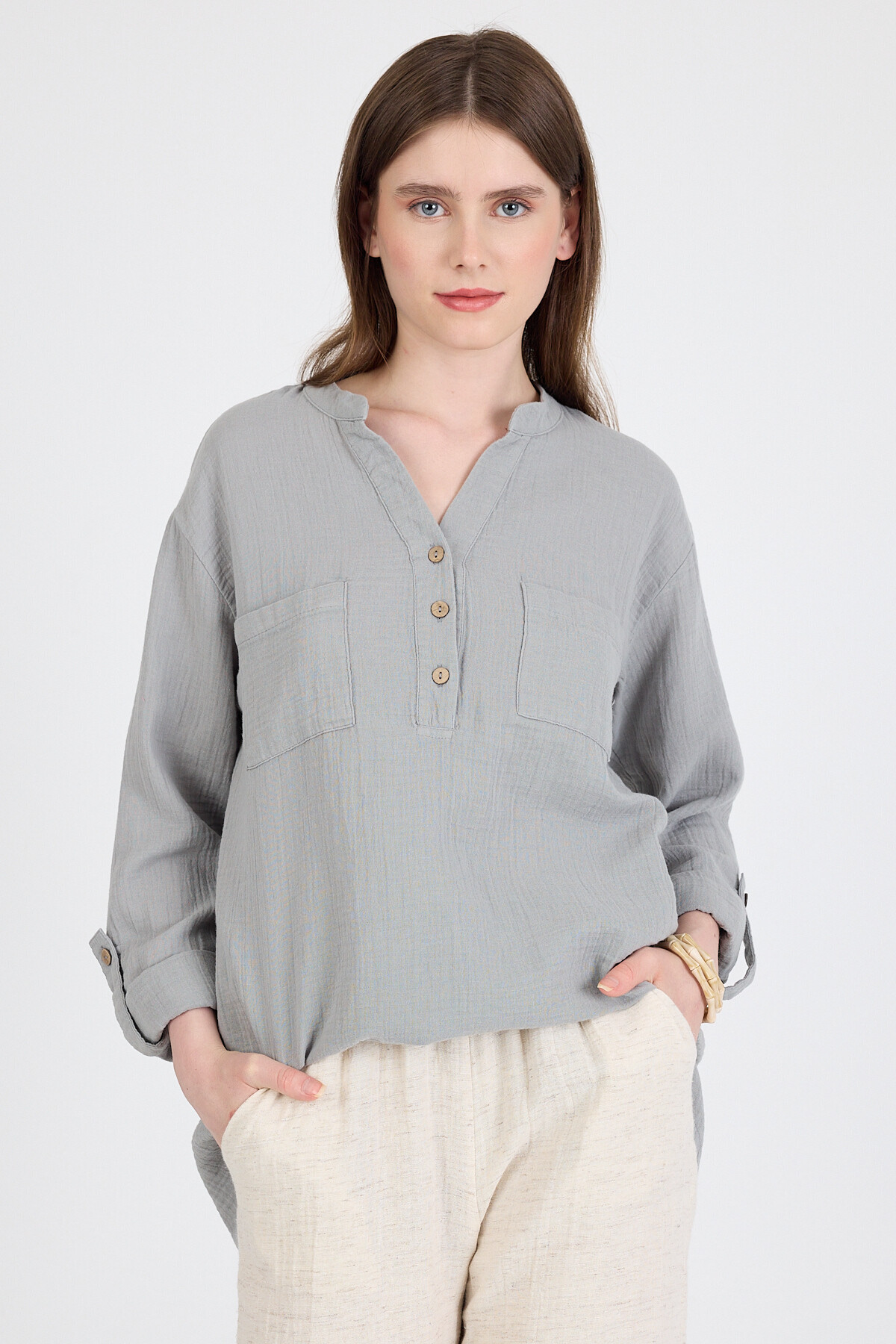 Gri %100 Pamuk Keten Görünümlü Hakim Yaka Tunik Gömlek 4698A - RAYS