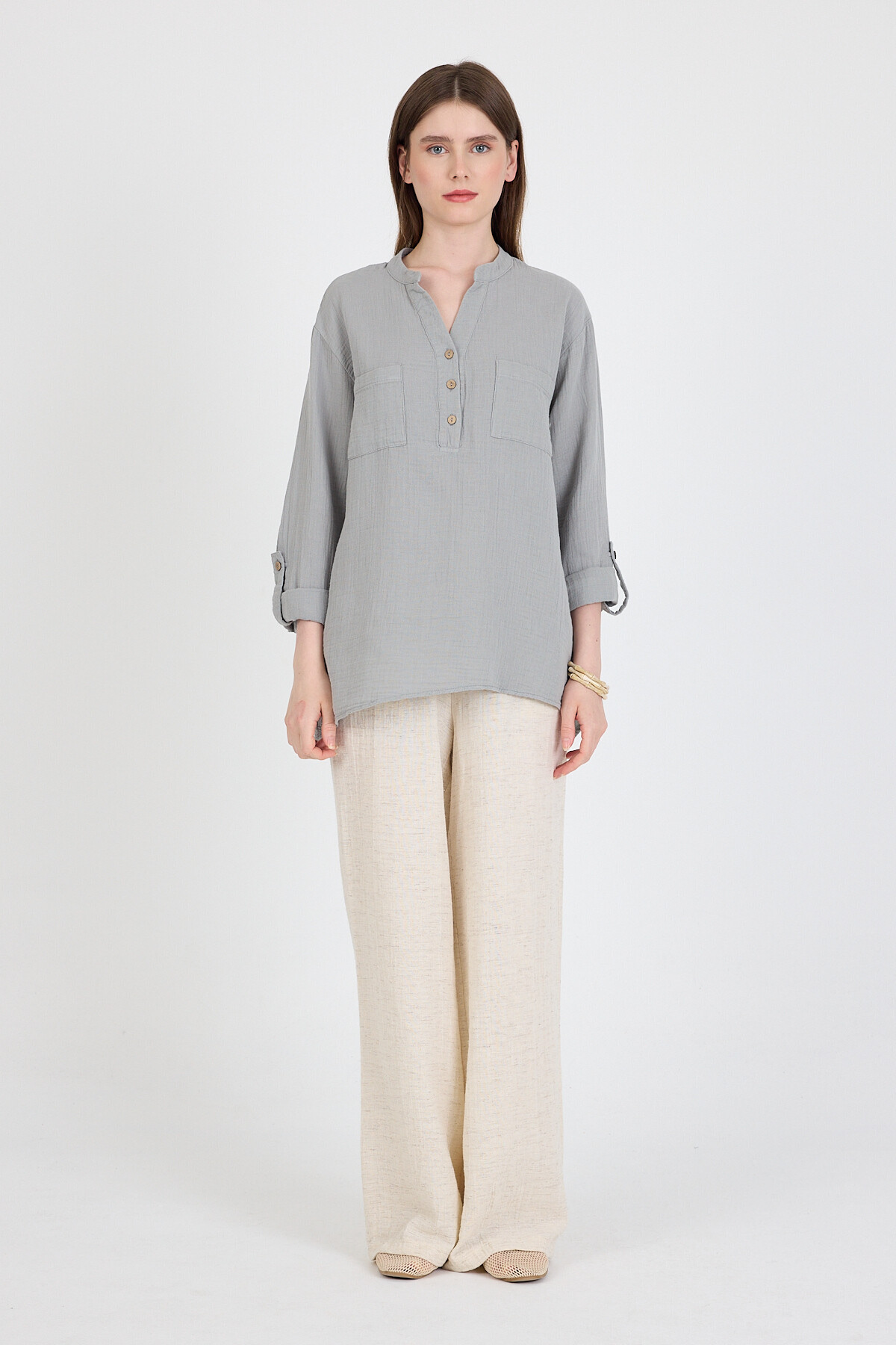 Gri %100 Pamuk Keten Görünümlü Hakim Yaka Tunik Gömlek 4698A - RAYS