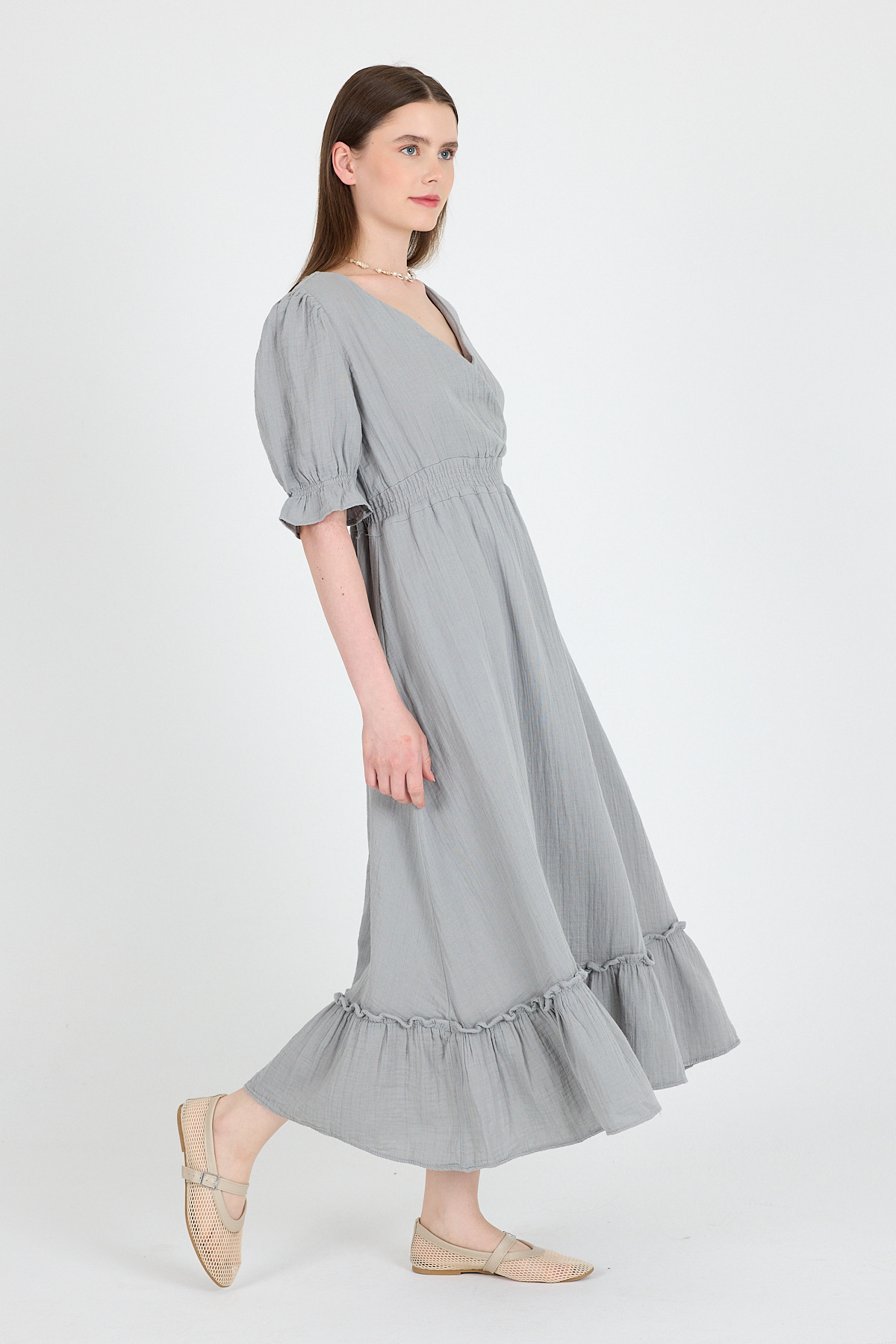 Gri %100 Pamuk Müslin V Yaka Bel Lastikli Midi Elbise 4780A - RAYS