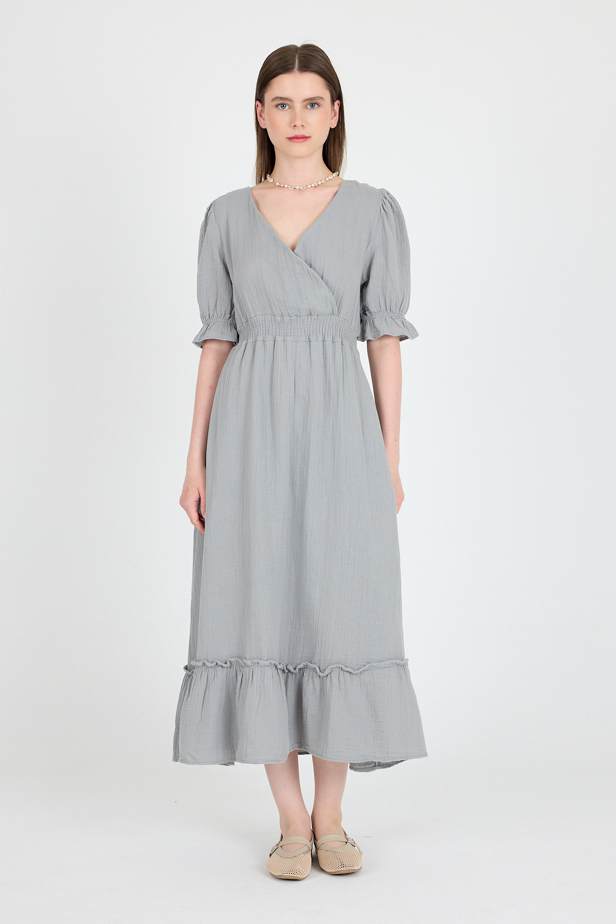 Gri %100 Pamuk Müslin V Yaka Bel Lastikli Midi Elbise 4780A - RAYS