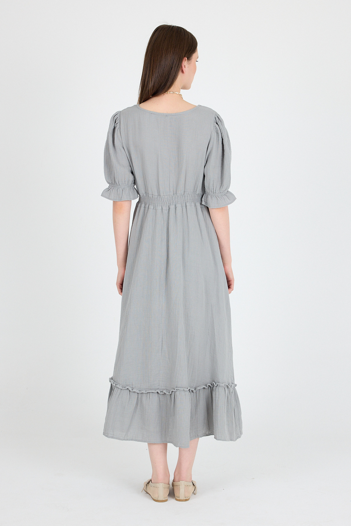 Gri %100 Pamuk Müslin V Yaka Bel Lastikli Midi Elbise 4780A - 5