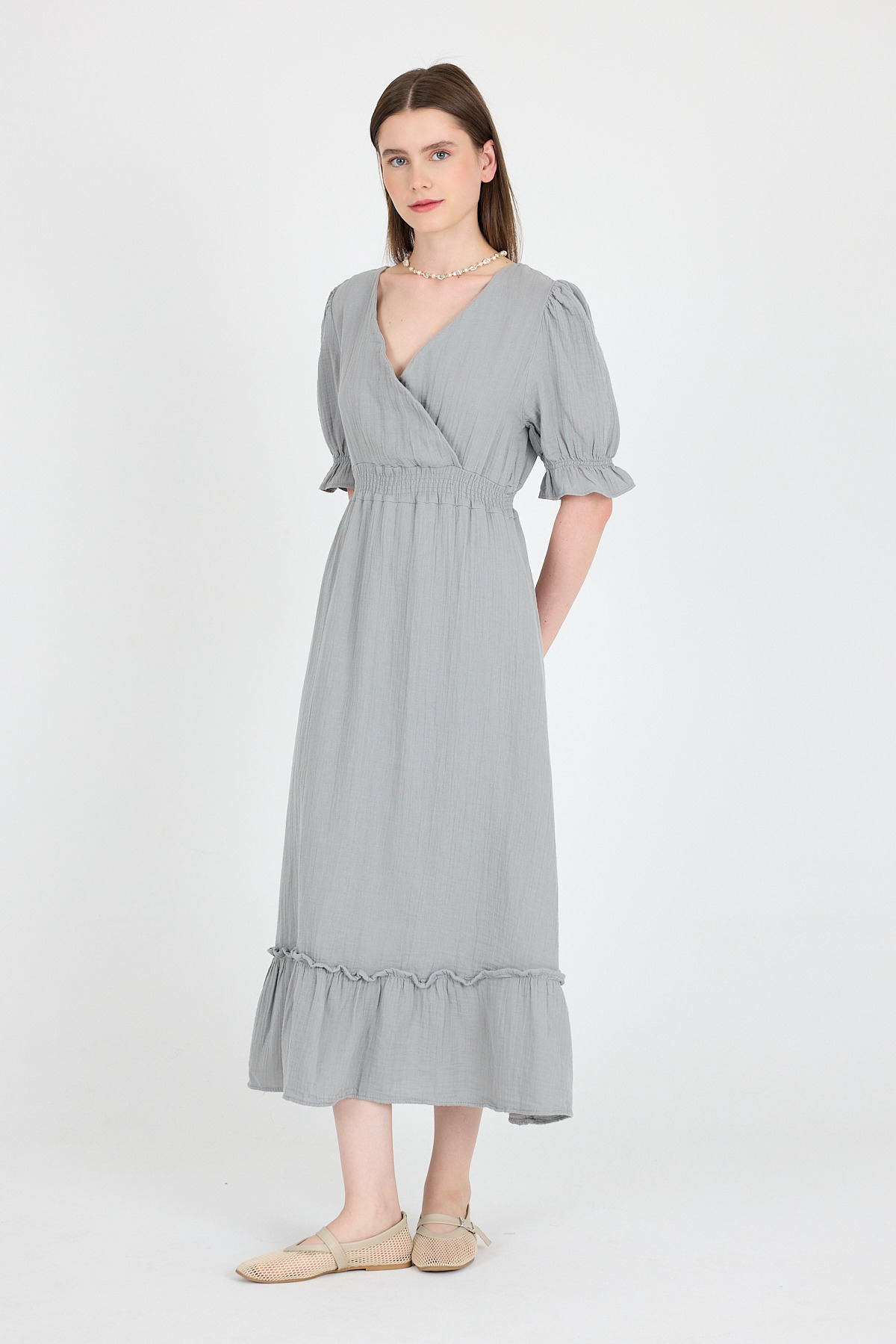 Gri %100 Pamuk Müslin V Yaka Bel Lastikli Midi Elbise 4780A - 2