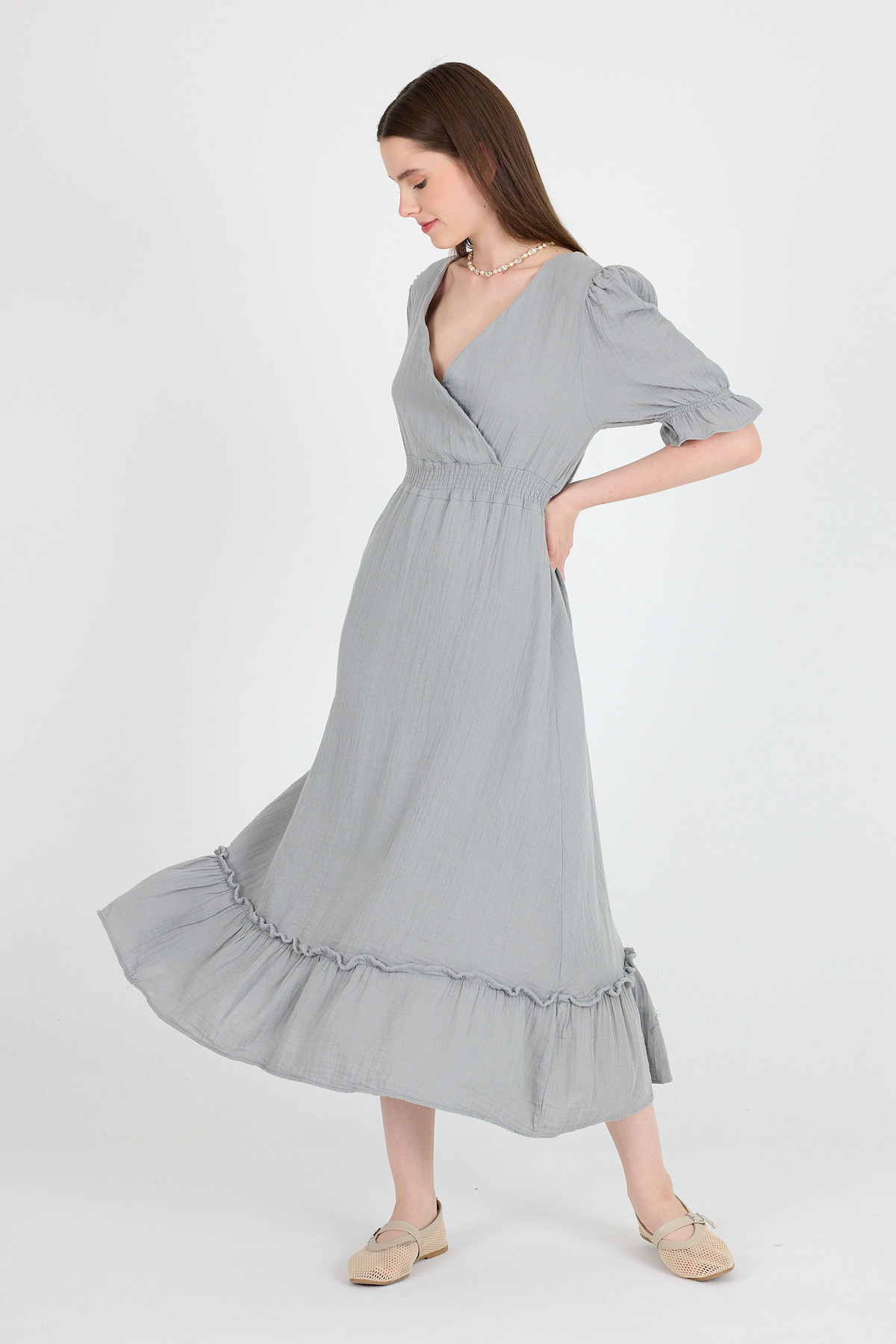 Gri %100 Pamuk Müslin V Yaka Bel Lastikli Midi Elbise 4780A - 6