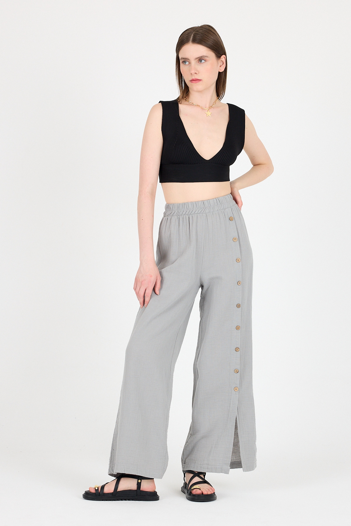 Gri %100 Pamuk Müslin Yanı Düğmeli Yırtmaçlı Geniş Paça Pantolon 4704A - 6