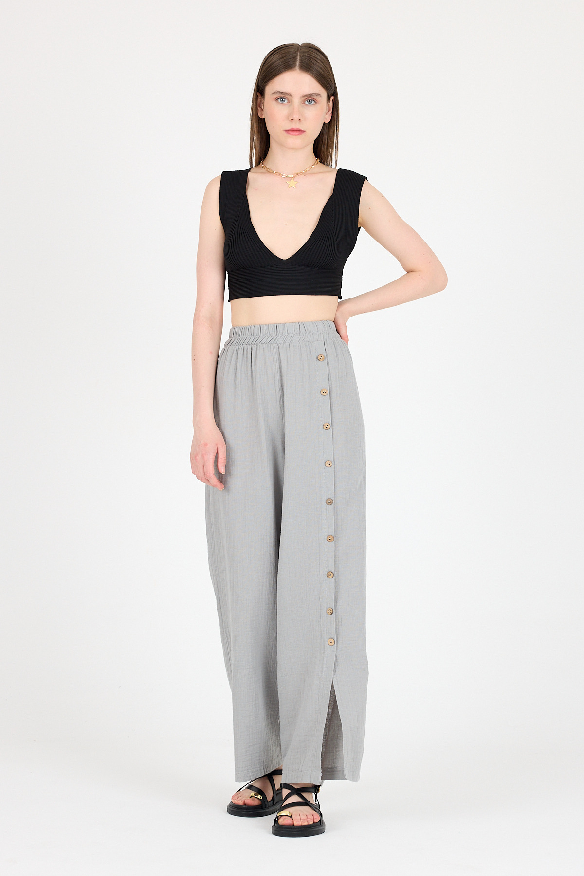 Gri %100 Pamuk Müslin Yanı Düğmeli Yırtmaçlı Geniş Paça Pantolon 4704A - 3