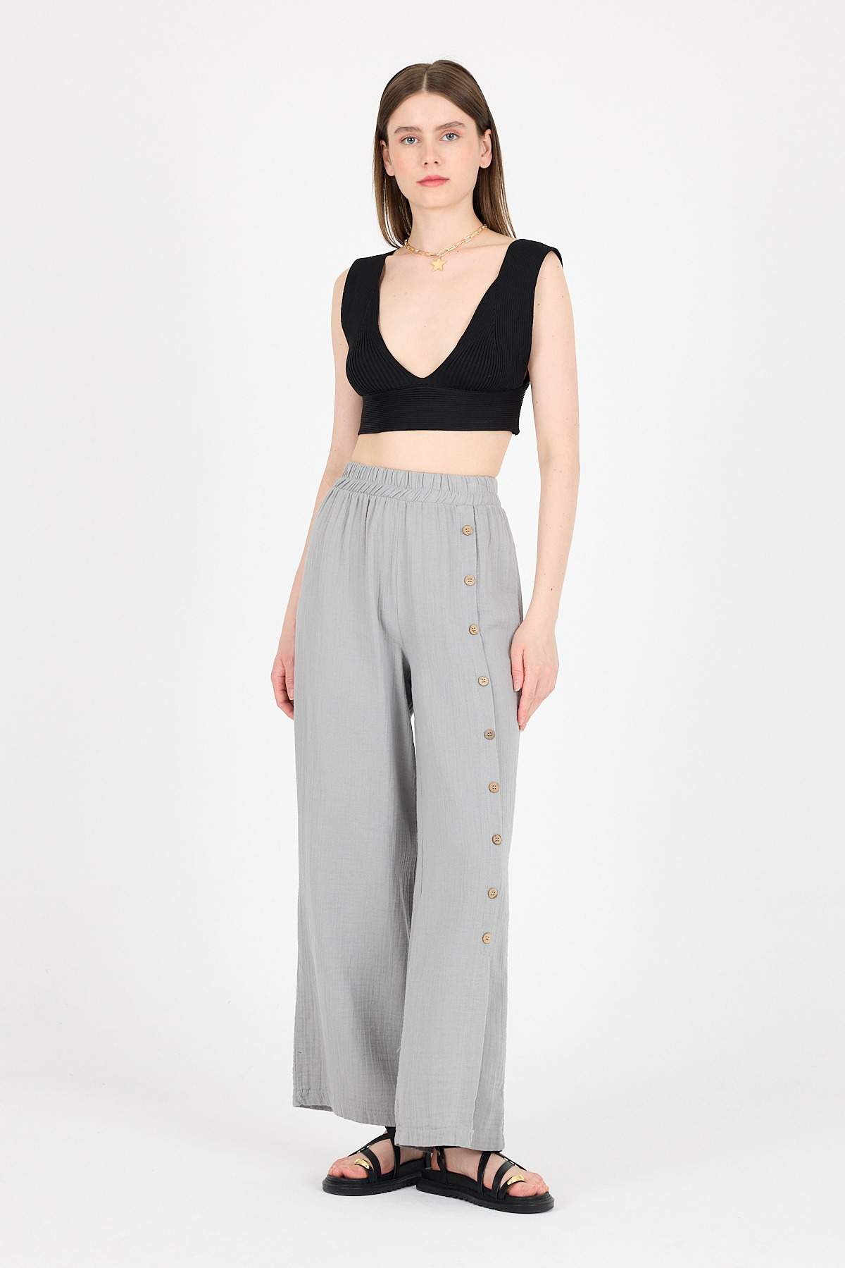Gri %100 Pamuk Müslin Yanı Düğmeli Yırtmaçlı Geniş Paça Pantolon 4704A 