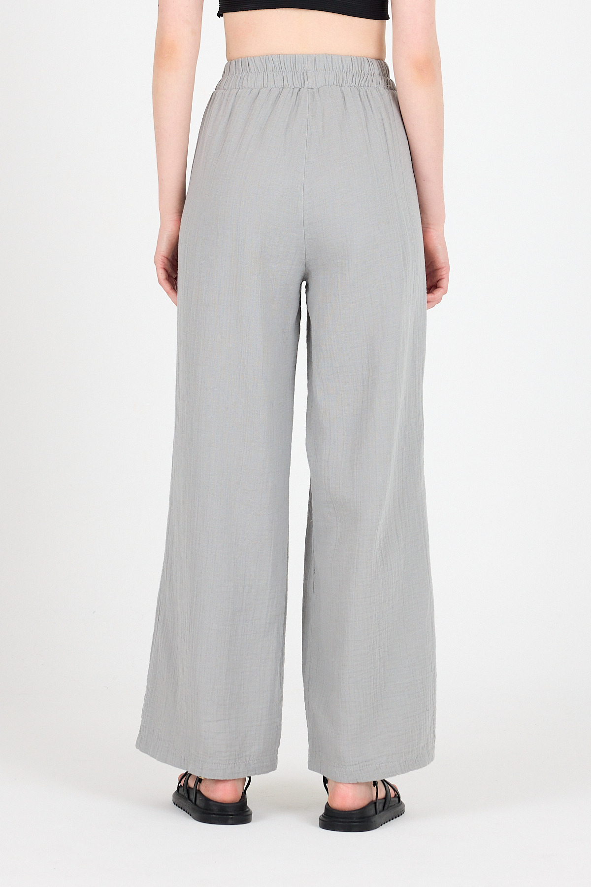 Gri %100 Pamuk Müslin Yanı Düğmeli Yırtmaçlı Geniş Paça Pantolon 4704A - 5