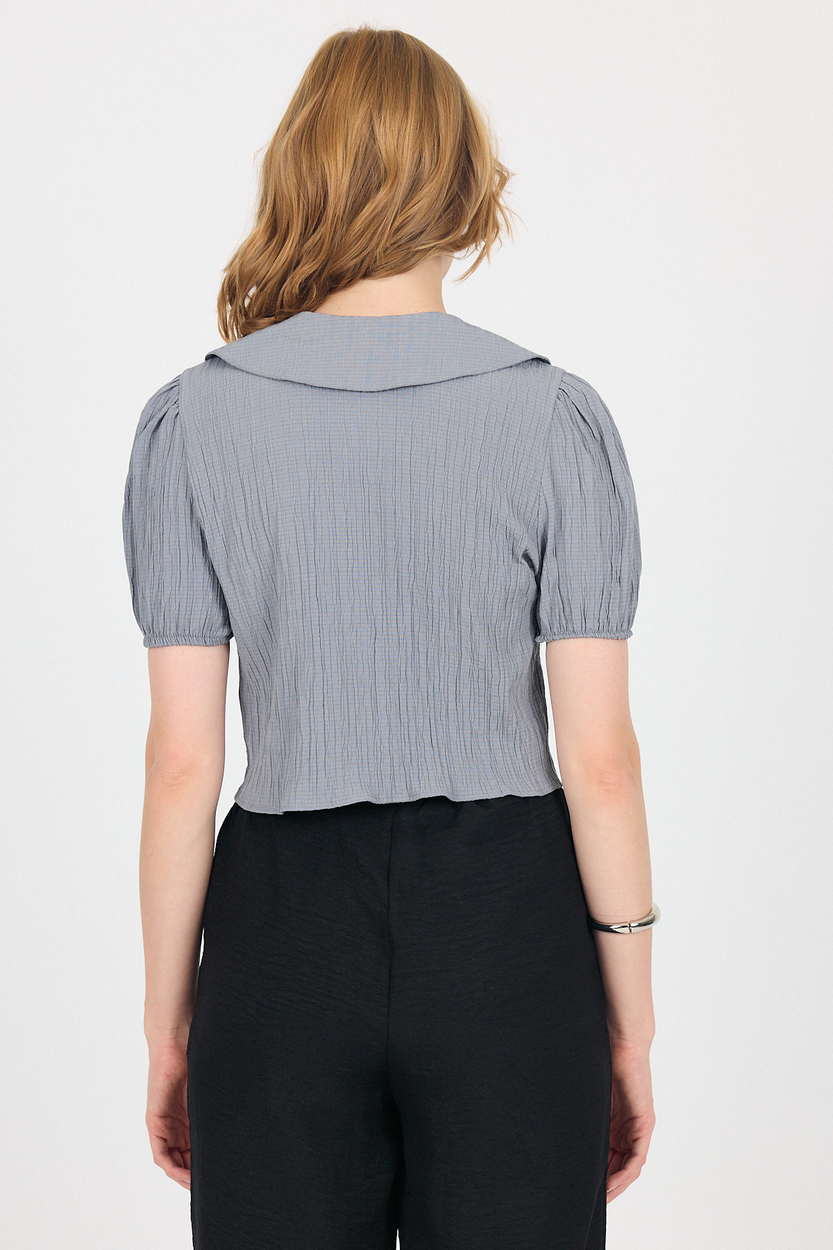 Gri Bağlama Detaylı Bebe Yaka Crop Bluz 8064 - 5