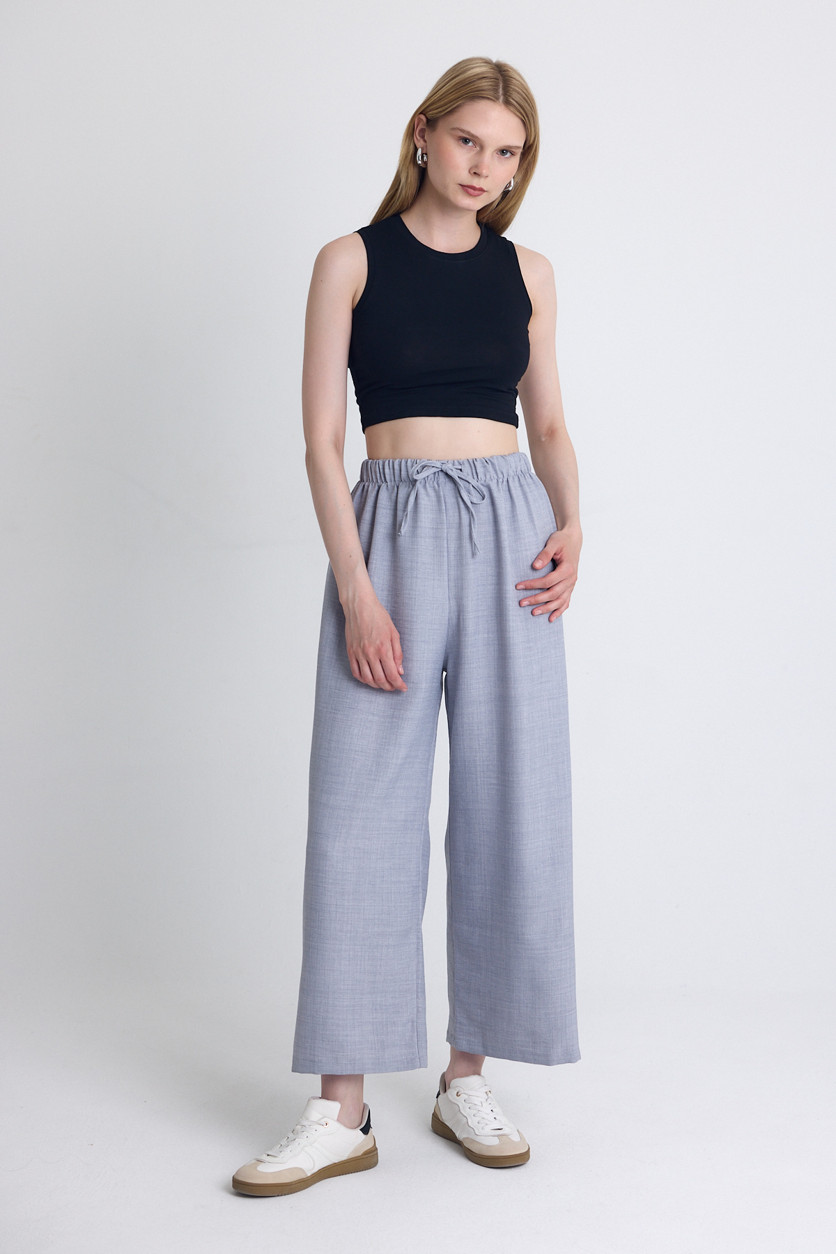 Gri Bel Lastikli Pamuklu Örme Pantolon 8045A 