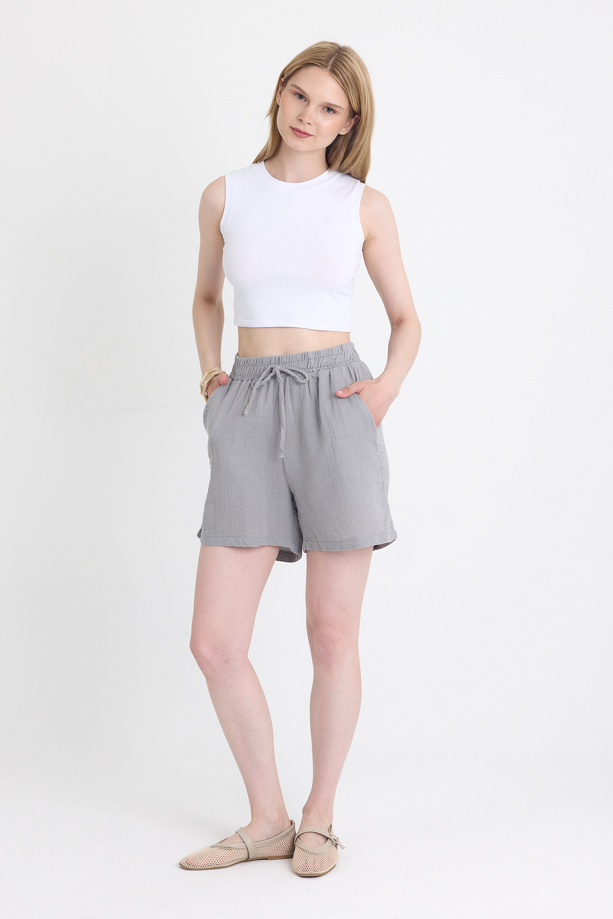 Gri Beli Lastikli %100 Pamuk Müslin Şort 4769A 