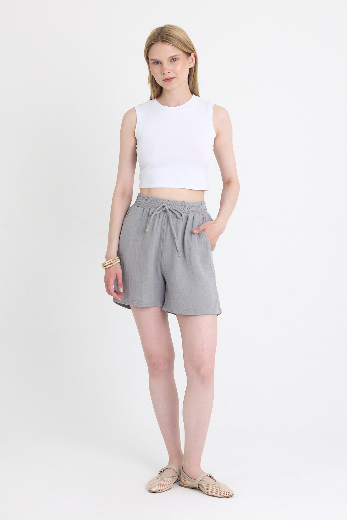 Gri Beli Lastikli %100 Pamuk Müslin Şort 4769A - 3