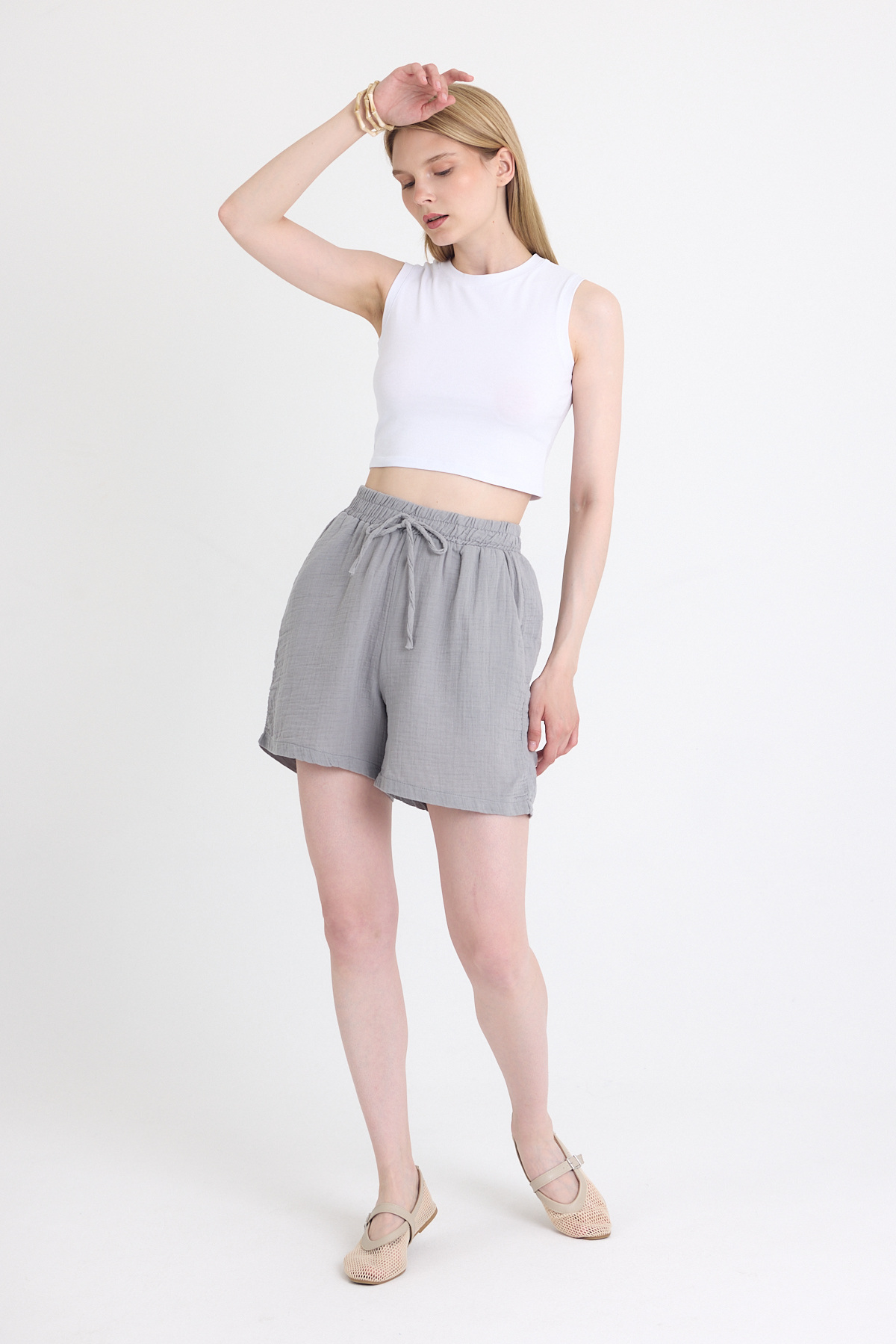 Gri Beli Lastikli %100 Pamuk Müslin Şort 4769A - 6