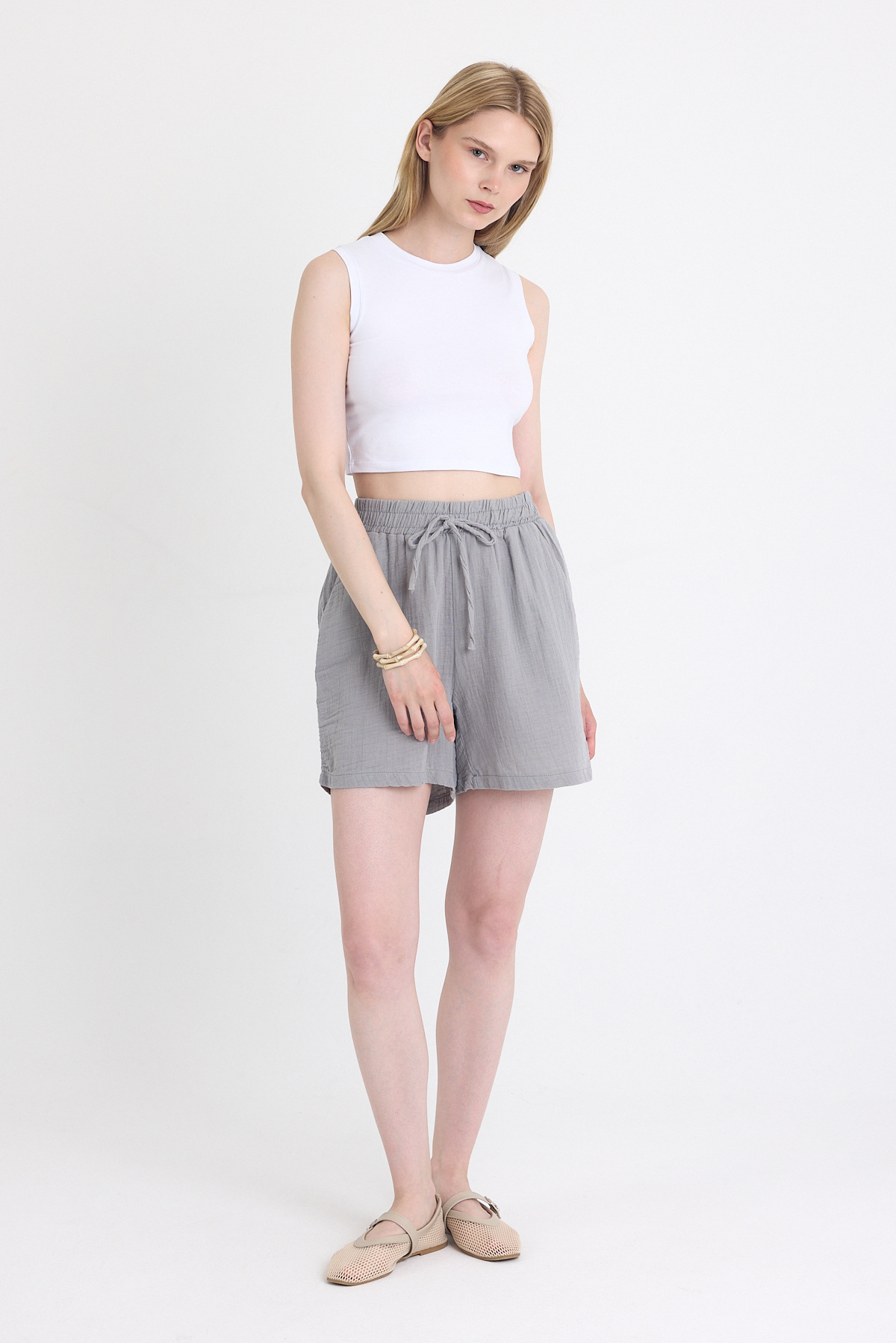 Gri Beli Lastikli %100 Pamuk Müslin Şort 4769A - 7
