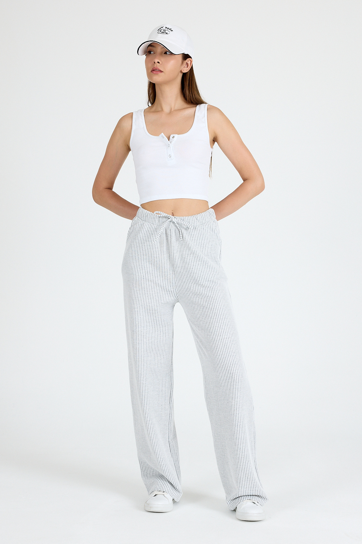 Gri Beli Lastikli Çizgili Geniş Paça Dokuma Pantolon 4098 - 6