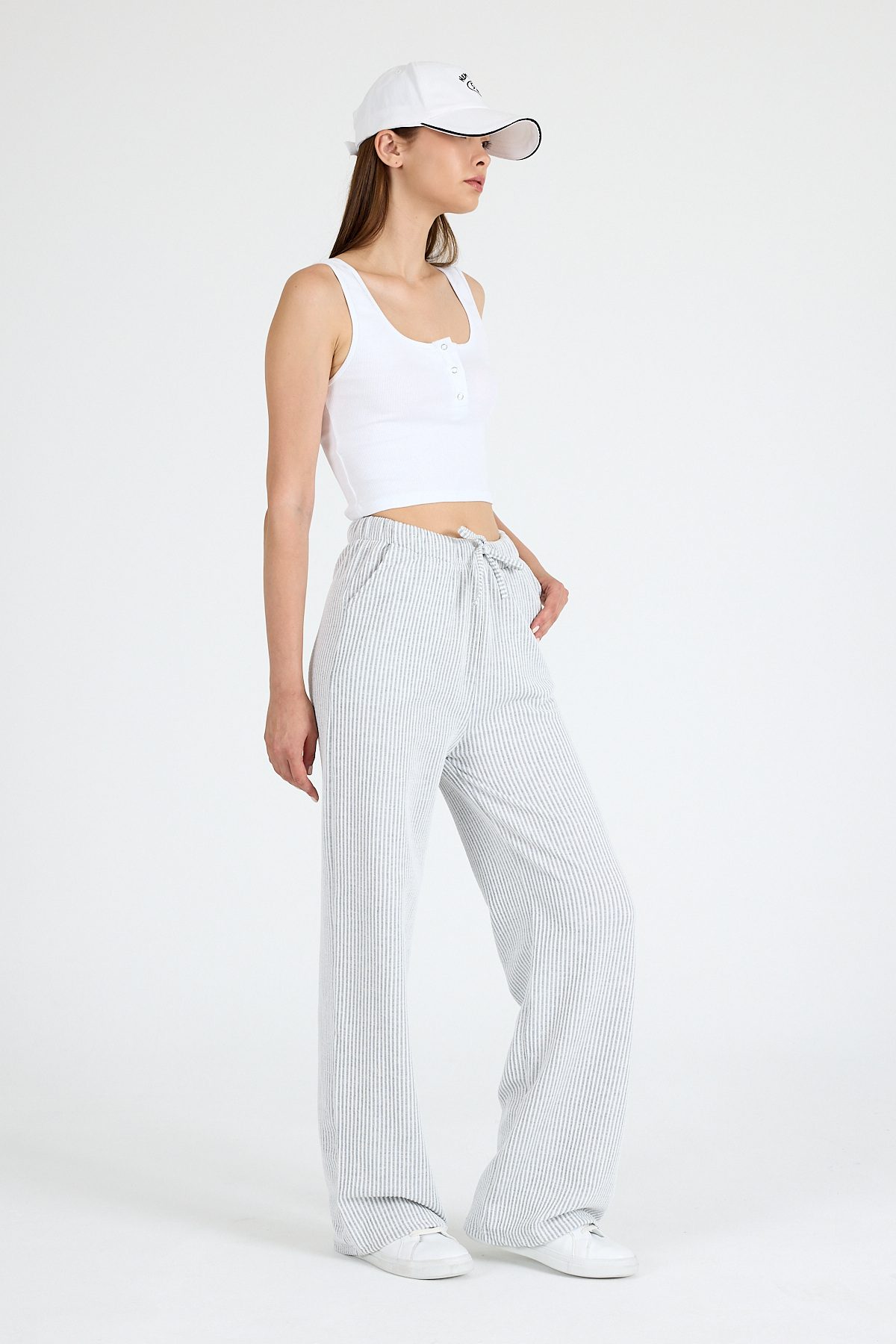 Gri Beli Lastikli Çizgili Geniş Paça Dokuma Pantolon 4098 - 2