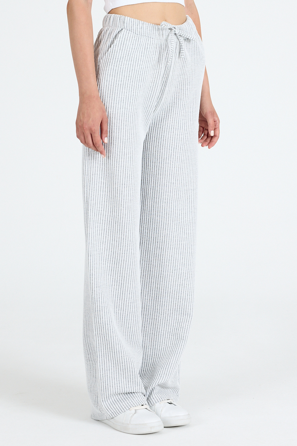 Gri Beli Lastikli Çizgili Geniş Paça Dokuma Pantolon 4098 - 3