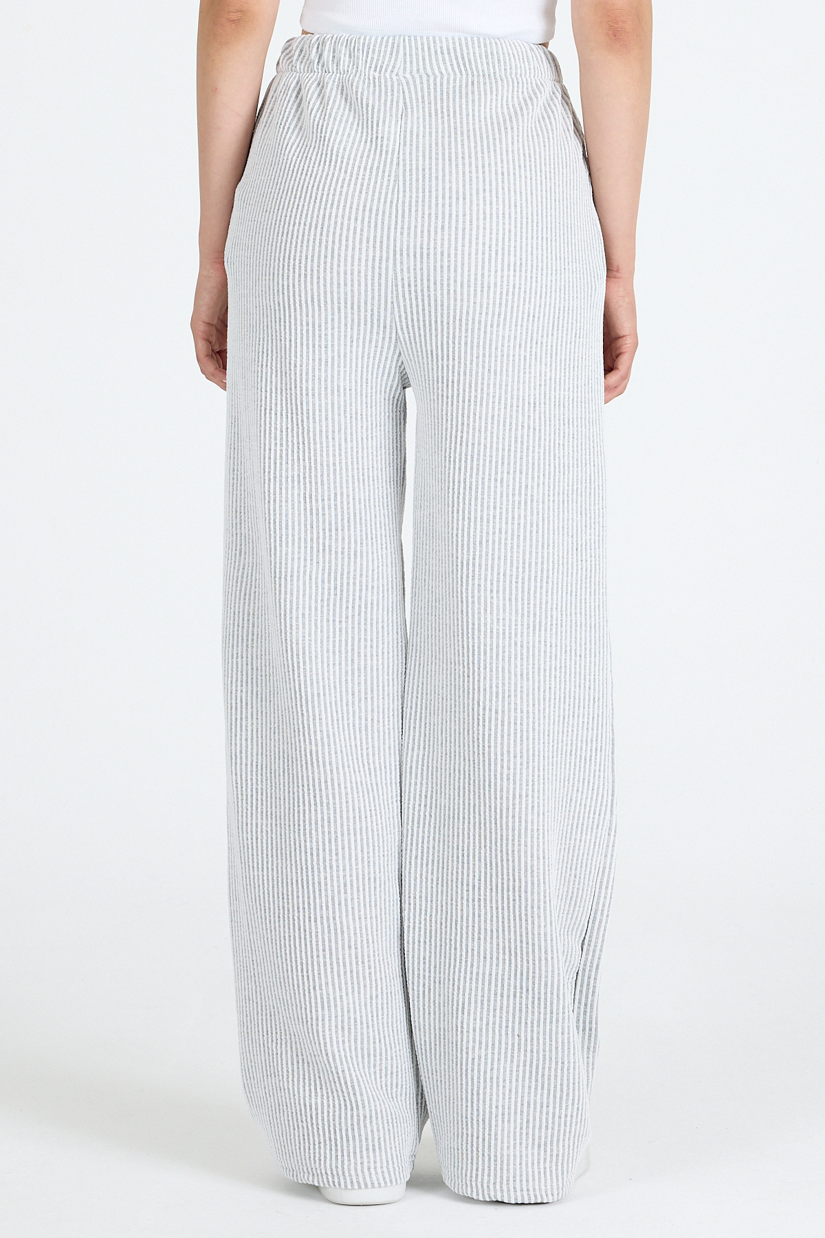 Gri Beli Lastikli Çizgili Geniş Paça Dokuma Pantolon 4098 - 5