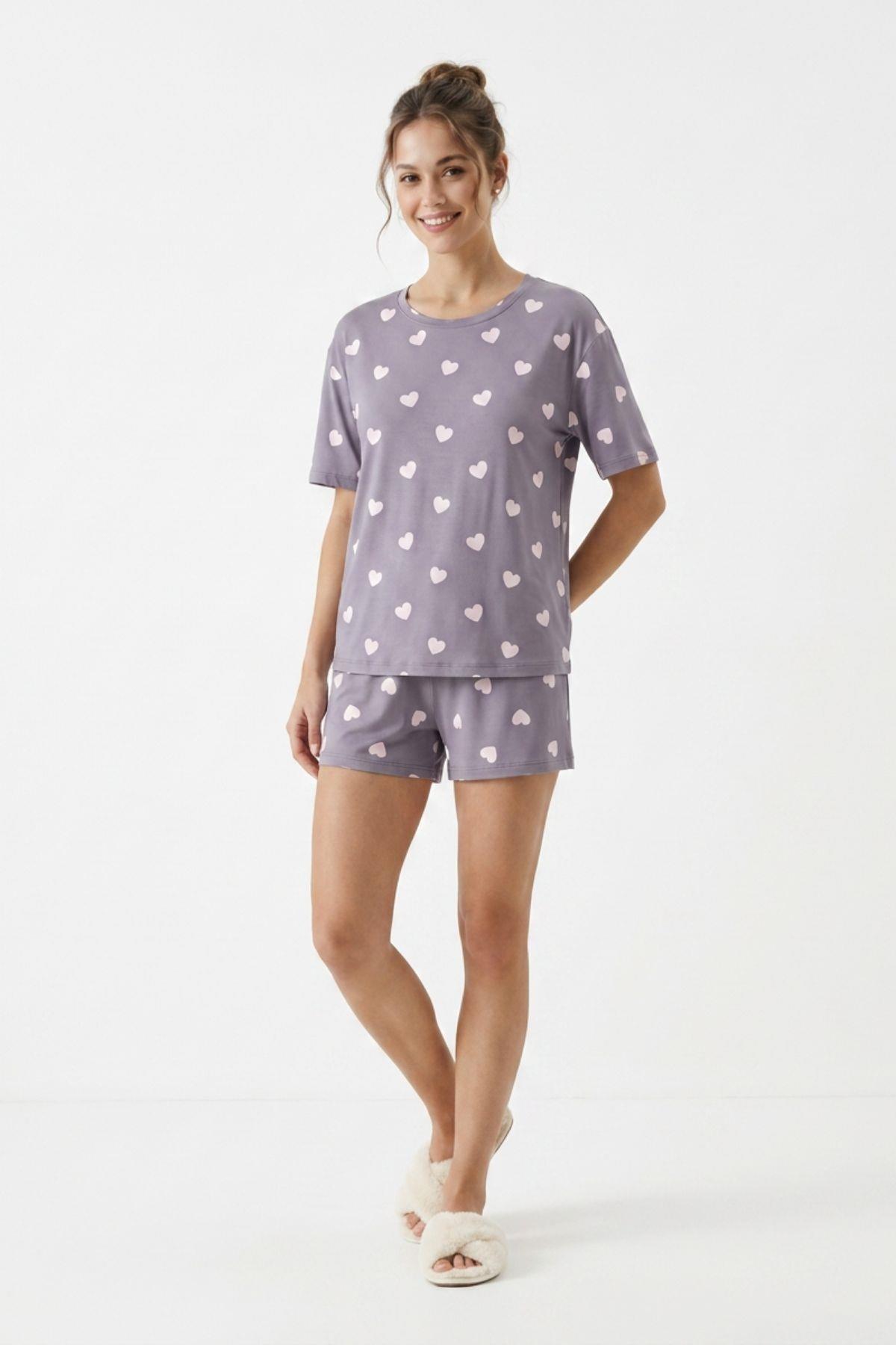 Kalp Desen Tişört Şort Takım 3102 Gri - RAYS