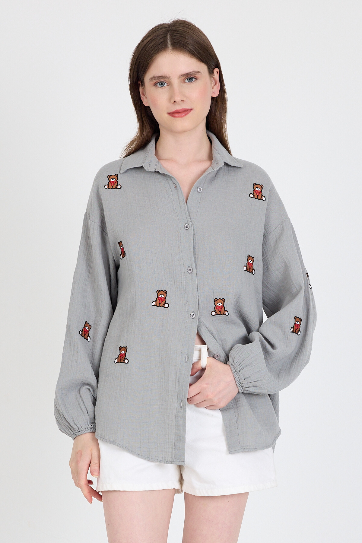 Gri Keten Görünümlü %100 Pamuk Ayıcık Nakışlı Gömlek 4798A - RAYS
