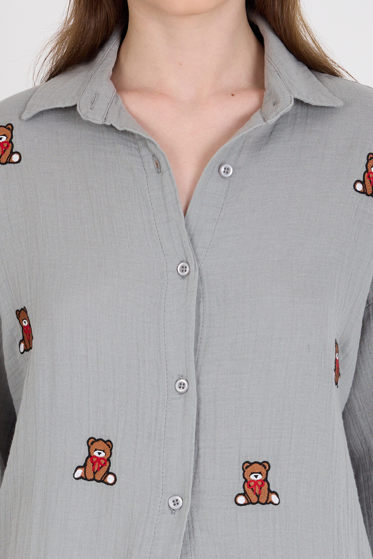 Gri Keten Görünümlü %100 Pamuk Ayıcık Nakışlı Gömlek 4798A - 4