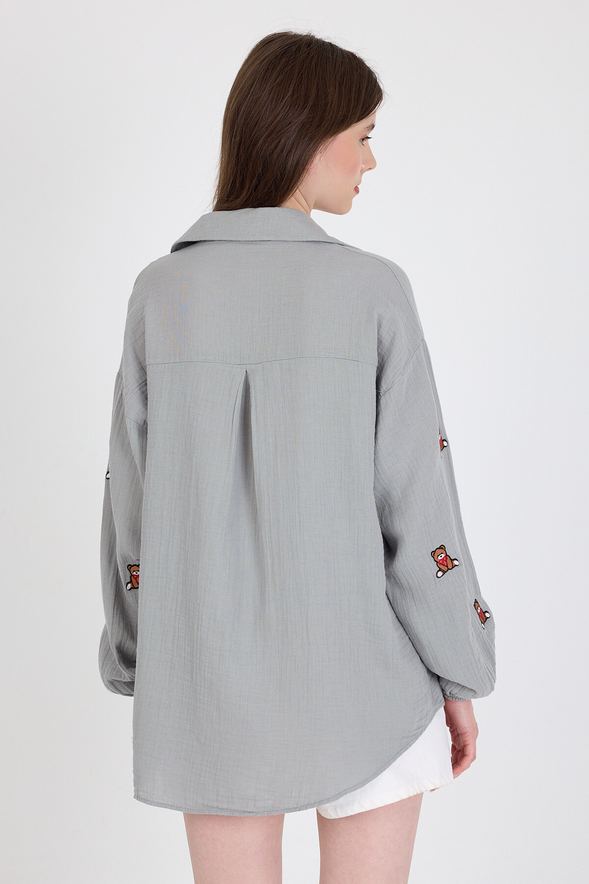 Gri Keten Görünümlü %100 Pamuk Ayıcık Nakışlı Gömlek 4798A - 5