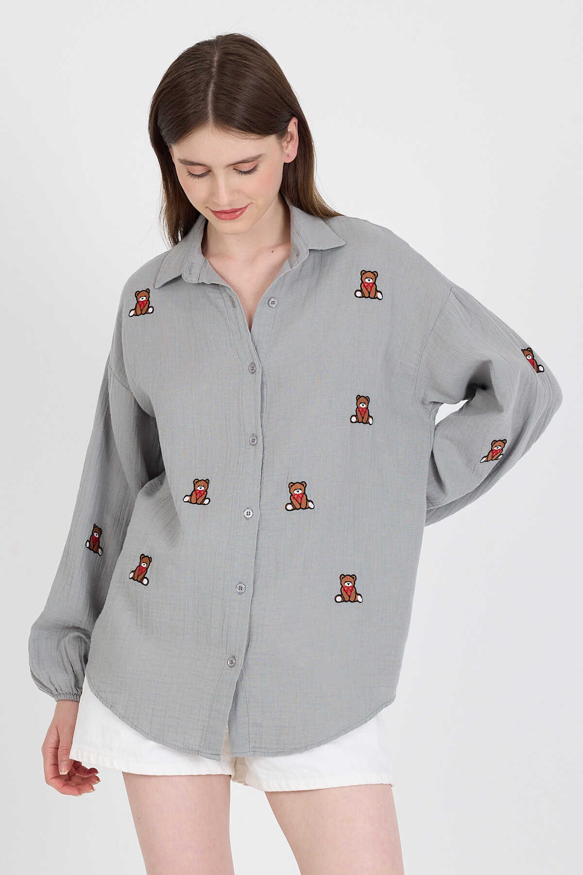 Gri Keten Görünümlü %100 Pamuk Ayıcık Nakışlı Gömlek 4798A - 6
