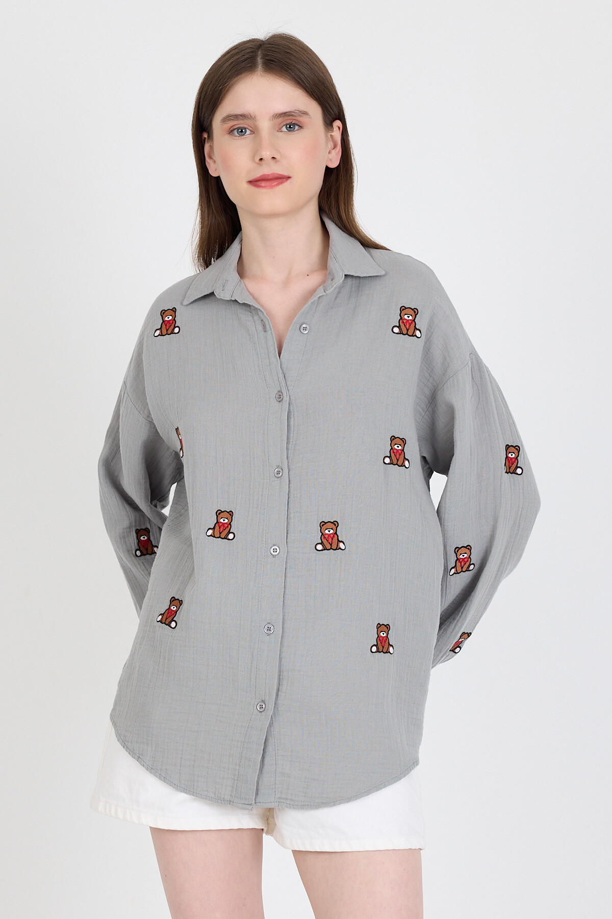Gri Keten Görünümlü %100 Pamuk Ayıcık Nakışlı Gömlek 4798A - 1