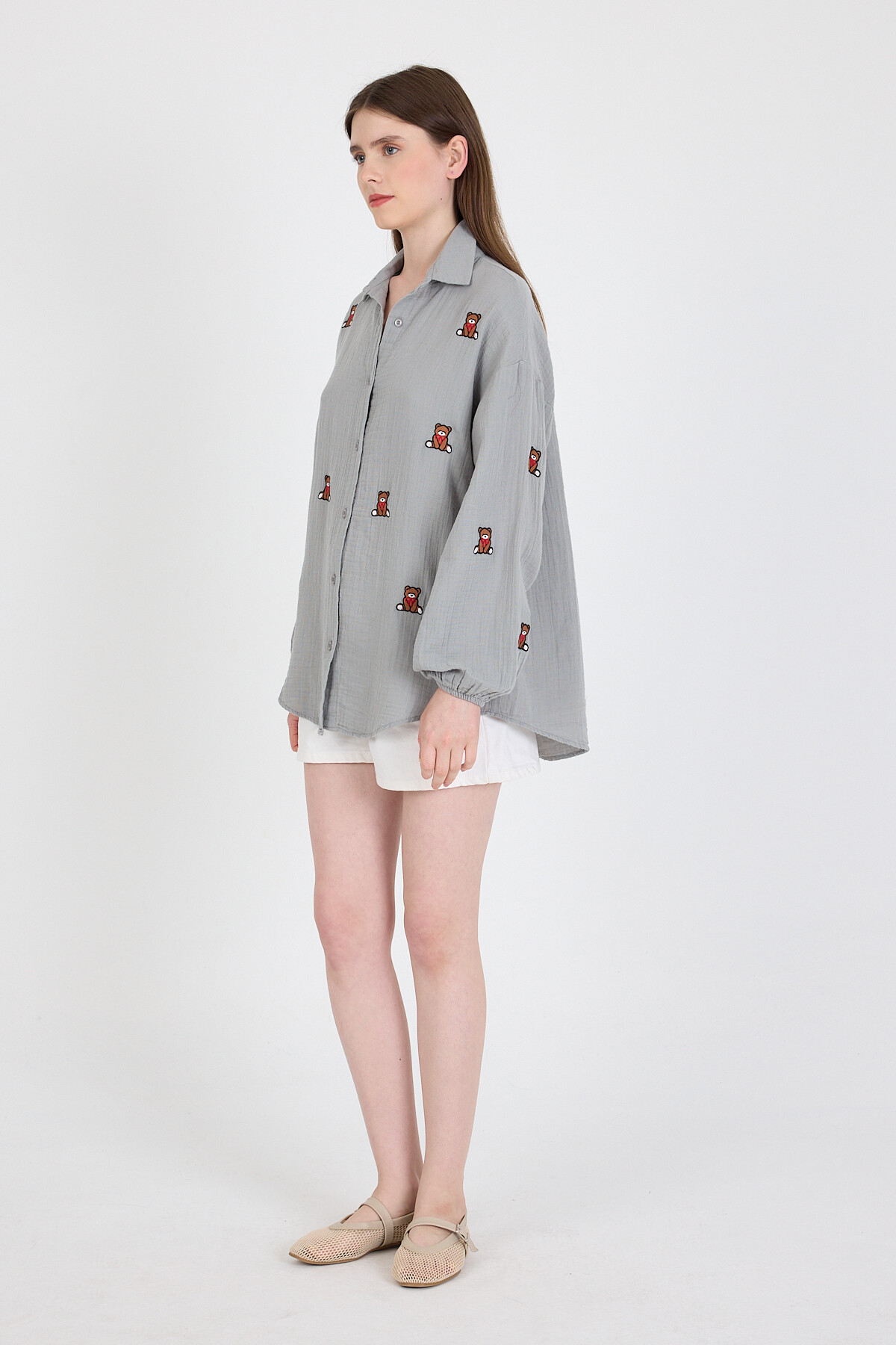 Gri Keten Görünümlü %100 Pamuk Ayıcık Nakışlı Gömlek 4798A - 3