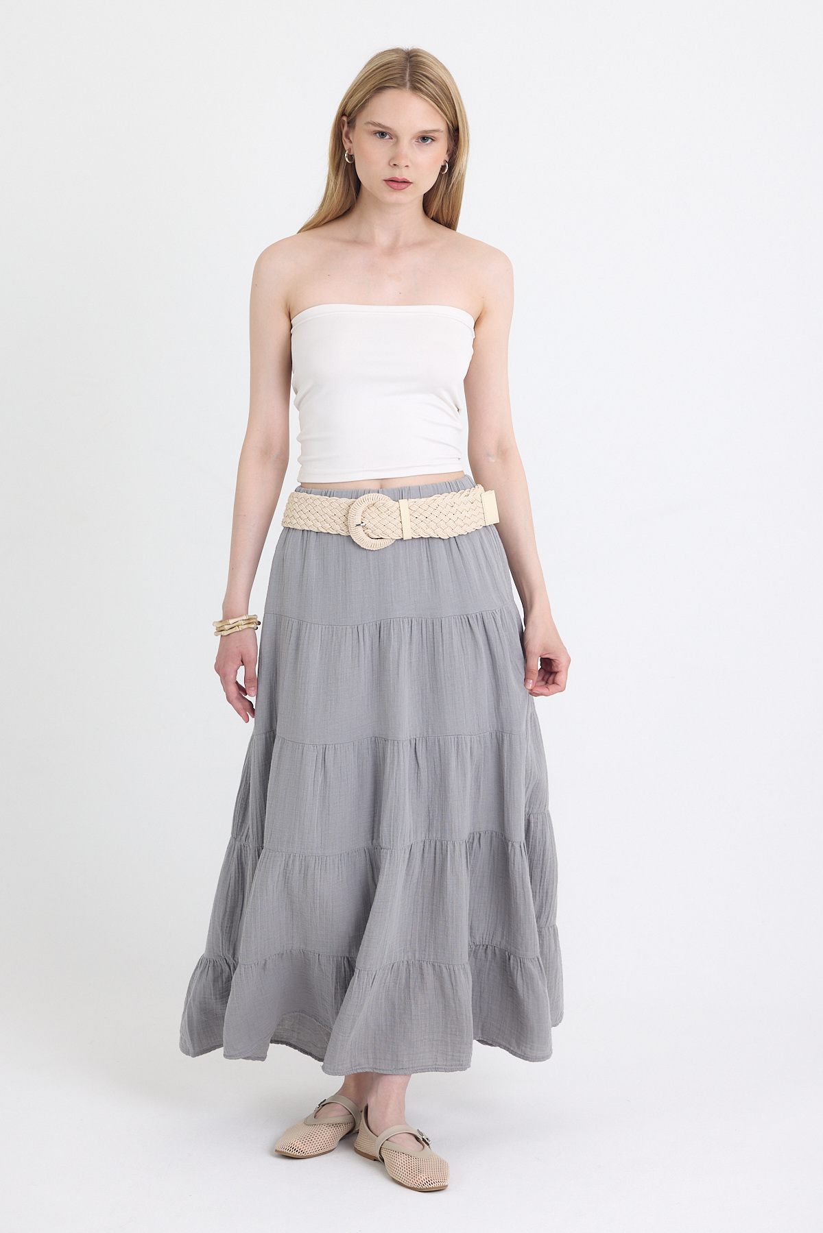 Gri Keten Görünümlü %100 Pamuk Kat Kat Uzun Etek 4801A - 1