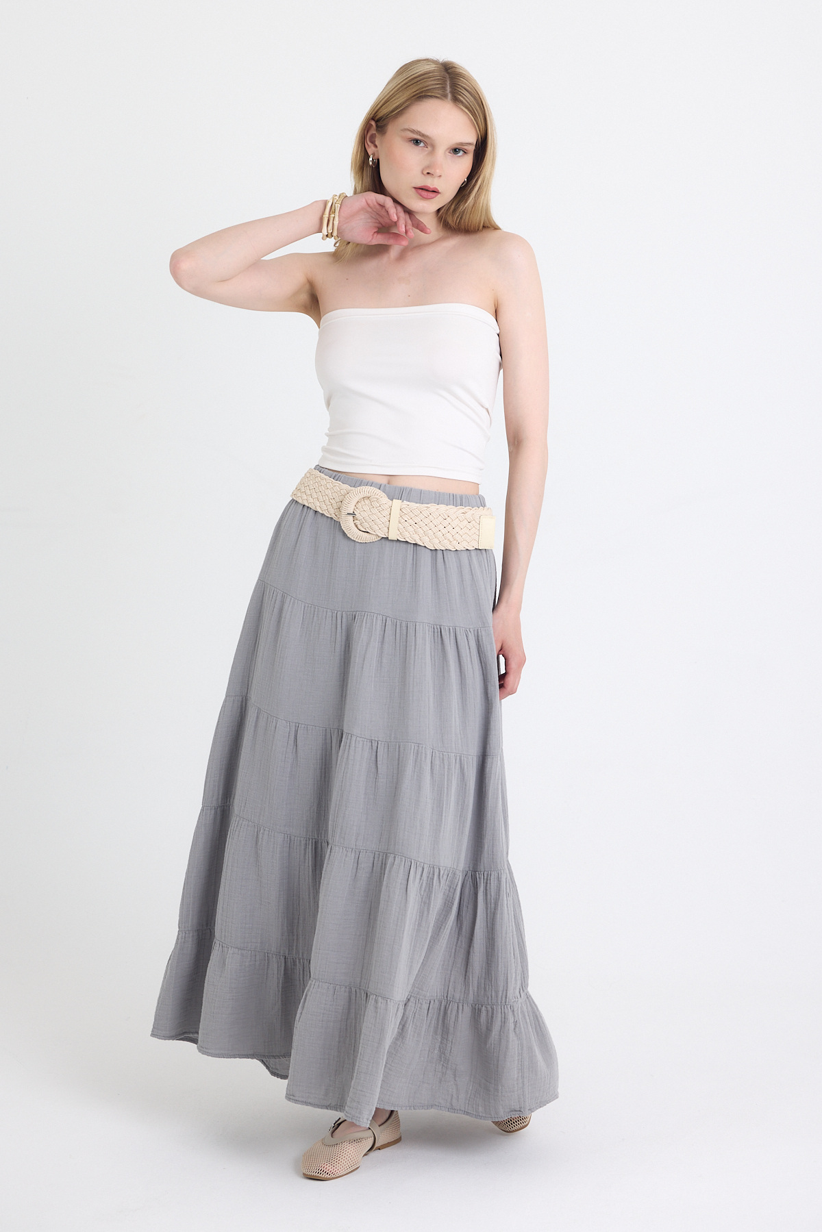 Gri Keten Görünümlü %100 Pamuk Kat Kat Uzun Etek 4801A - 2