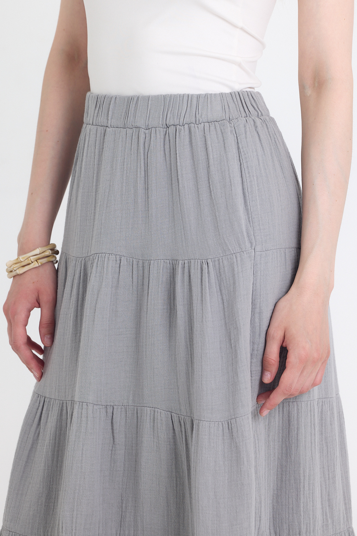 Gri Keten Görünümlü %100 Pamuk Kat Kat Uzun Etek 4801A - 4