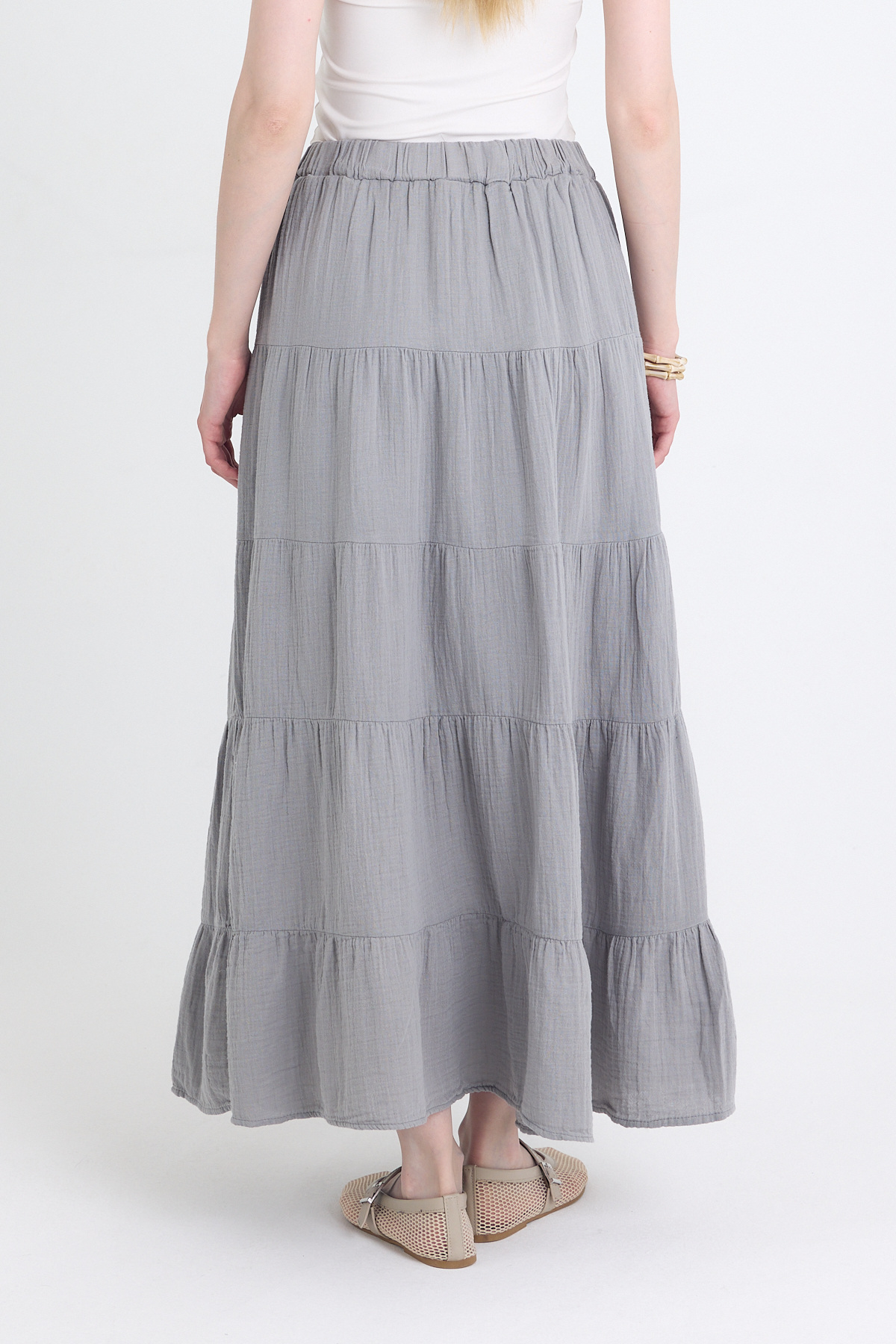 Gri Keten Görünümlü %100 Pamuk Kat Kat Uzun Etek 4801A - 5
