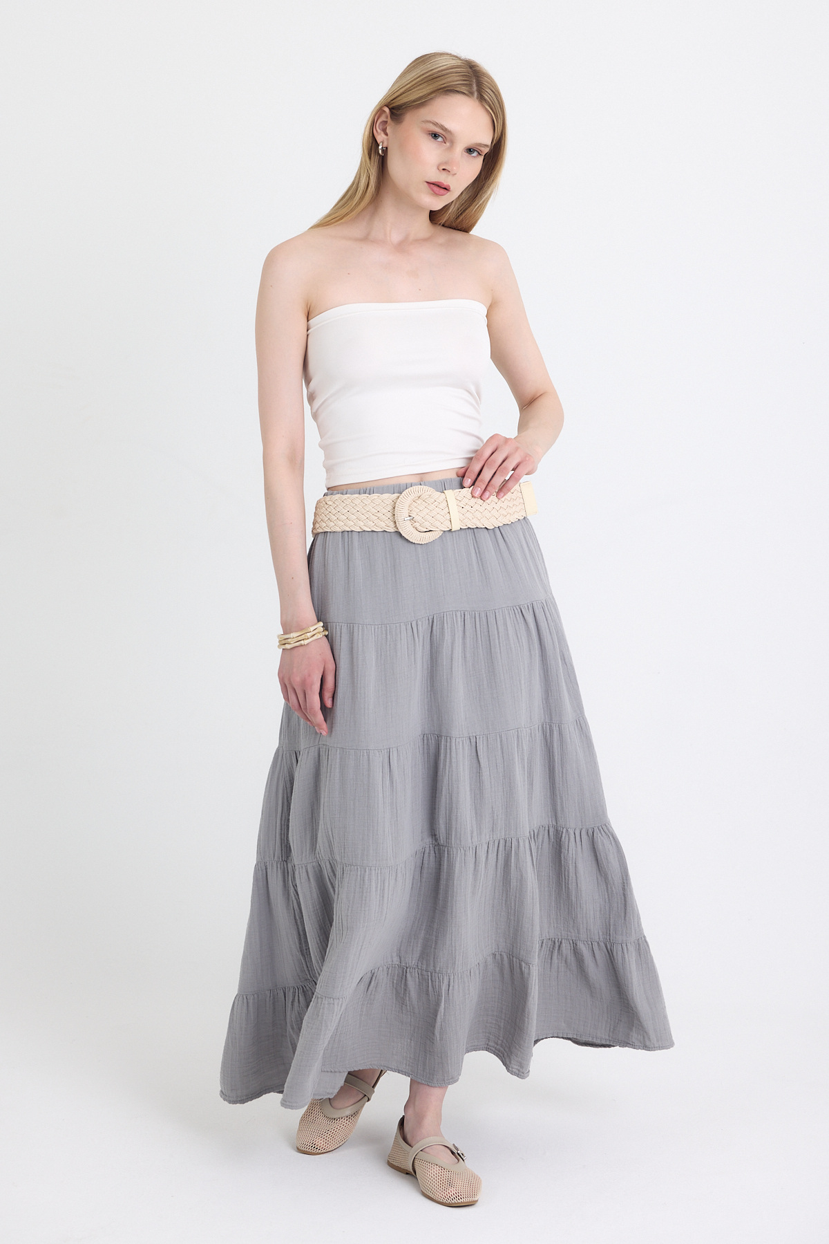 Gri Keten Görünümlü %100 Pamuk Kat Kat Uzun Etek 4801A - 6
