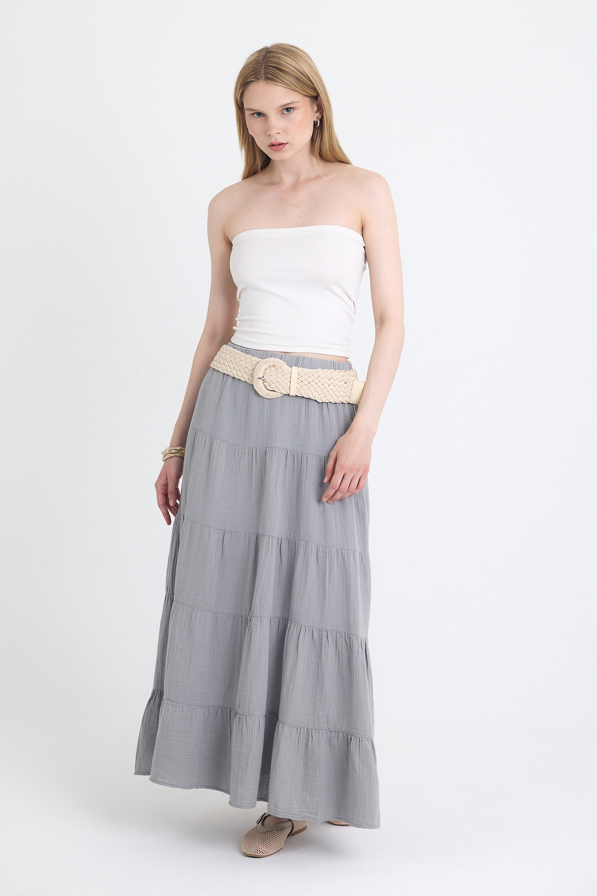 Gri Keten Görünümlü %100 Pamuk Kat Kat Uzun Etek 4801A - 7